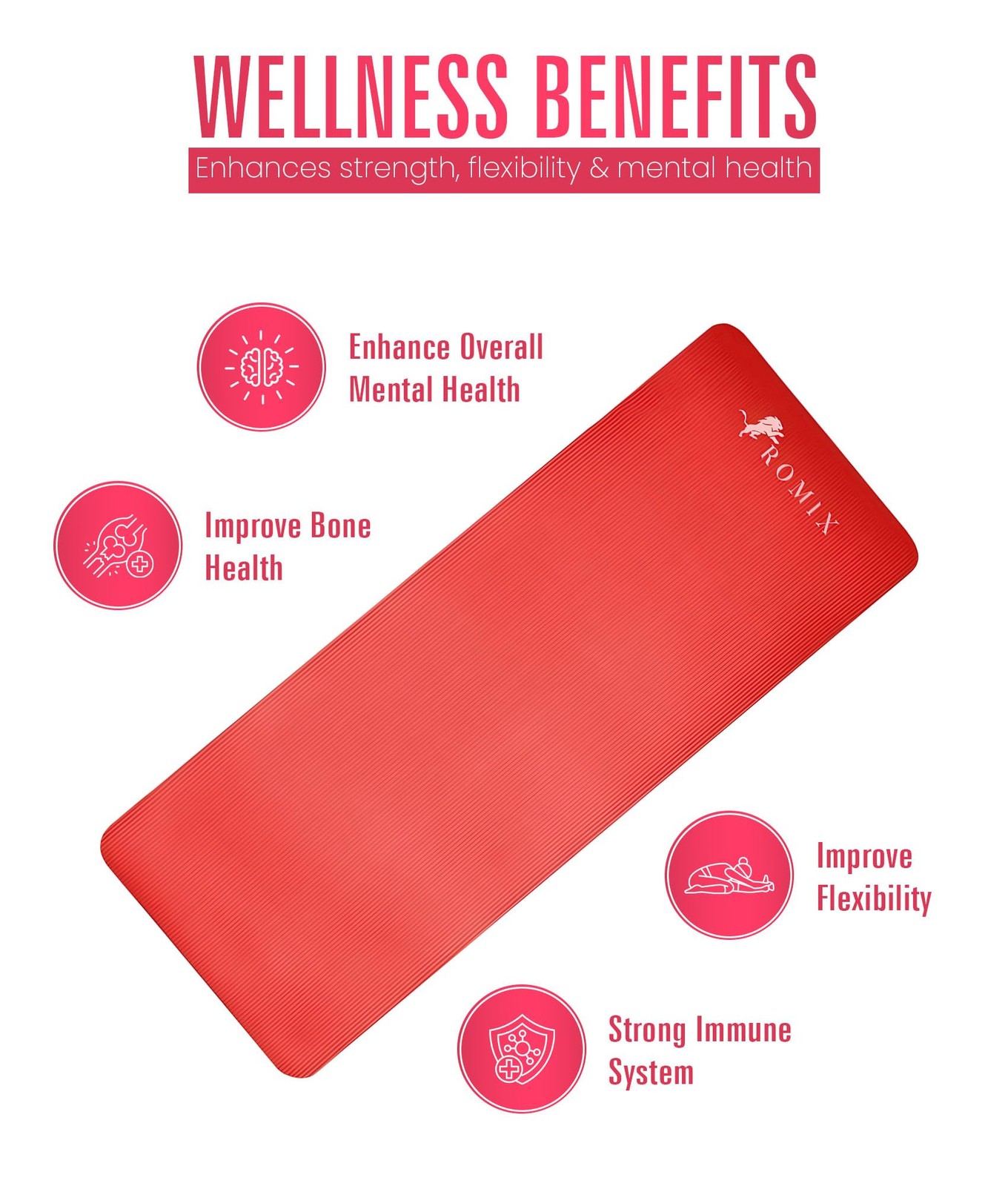 ROMIX Yoga Mat Thick 2/5 Inch (10mm), 72&Prime;L x 24&Prime;W 180 x 60 x 1 CM, Red