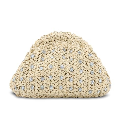 GOKTOW Straw Rhinestone Dumpling Clutch Purse,Summer Raffia Rattan Beige