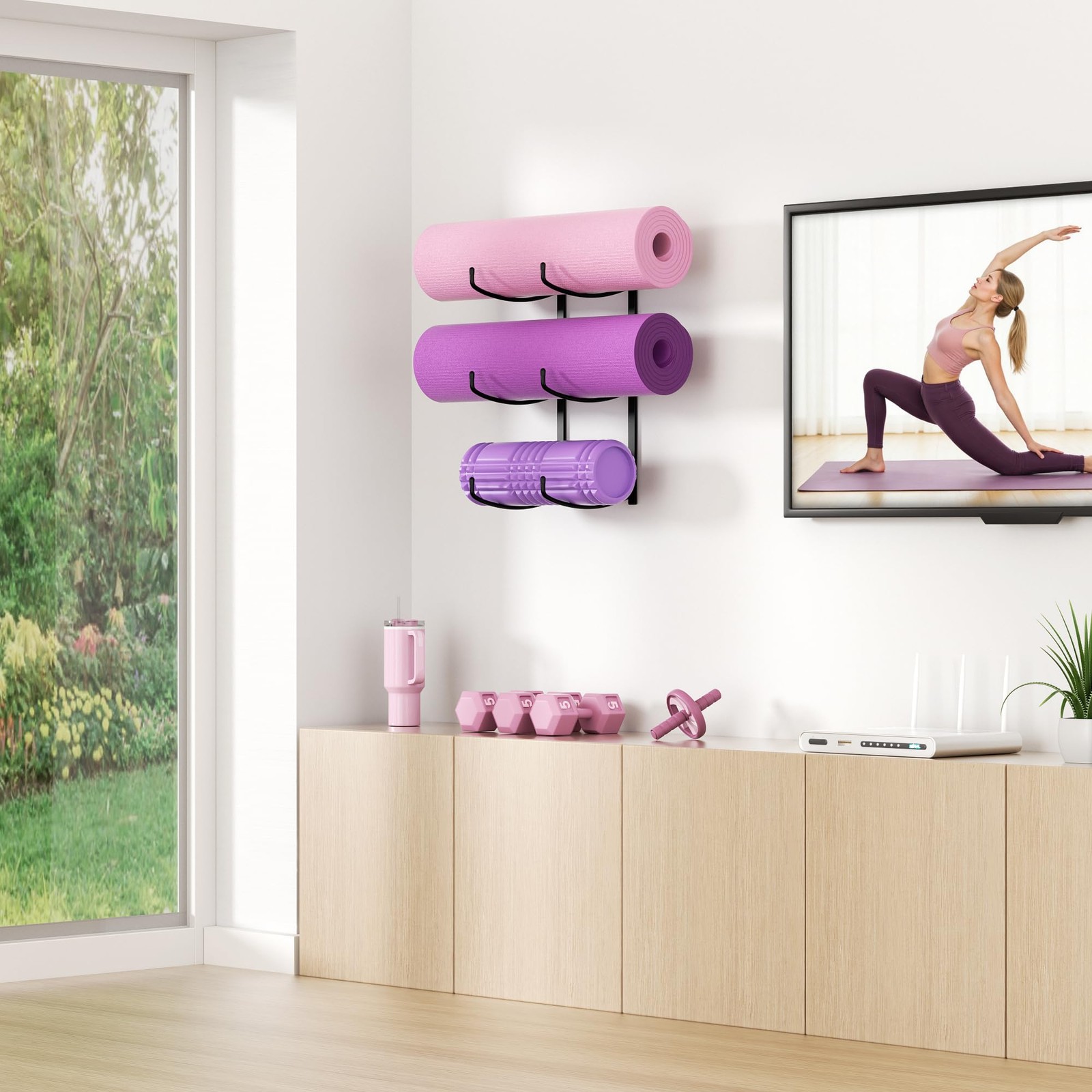 Yoga Mat Holder Wall Mount, 3-Tier Storage Rack for Yoga Mat, Foam Roller, Bl…