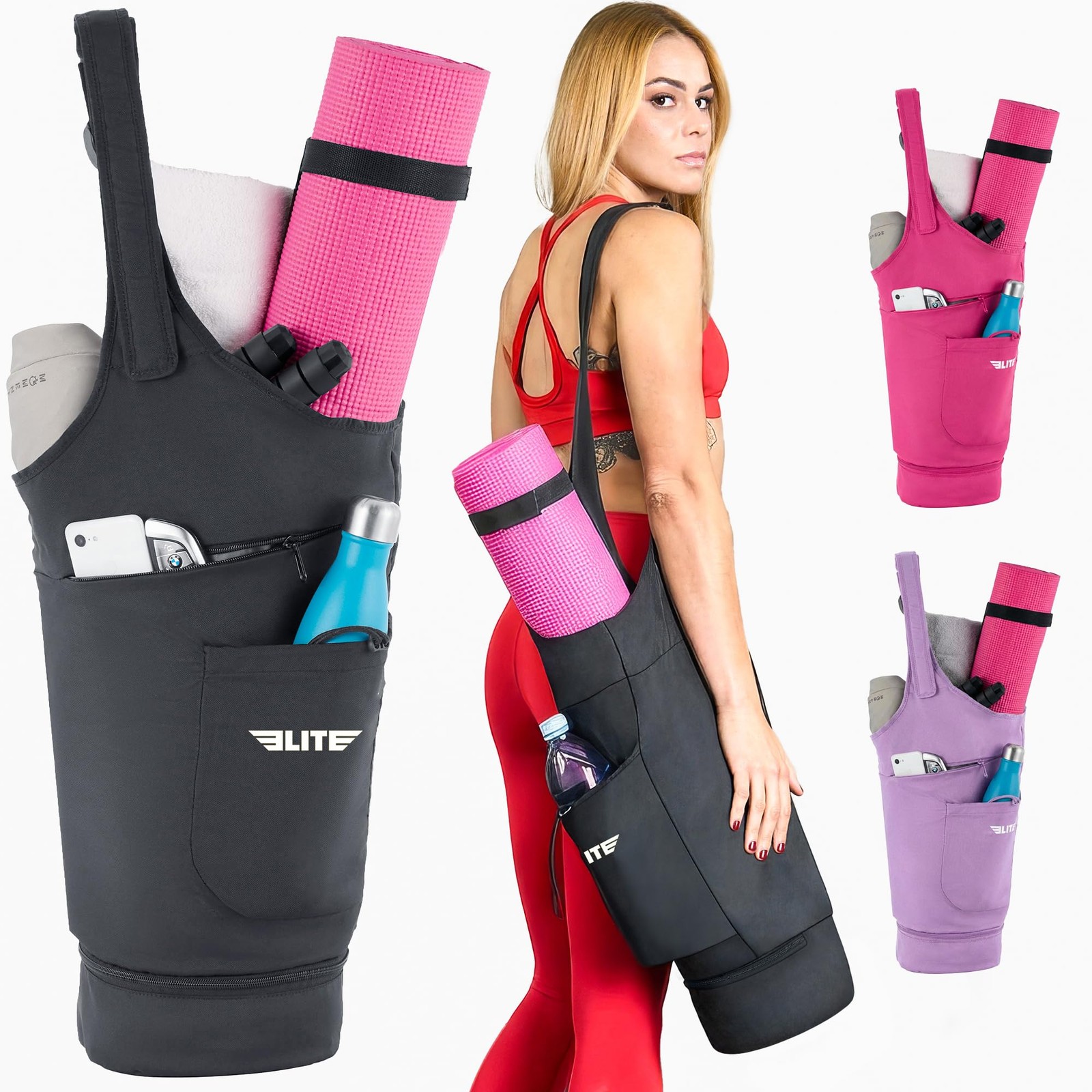 Yoga Mat Bag Gym Holds Mat Pilates Towel Storage Pockets Lightweight Durable