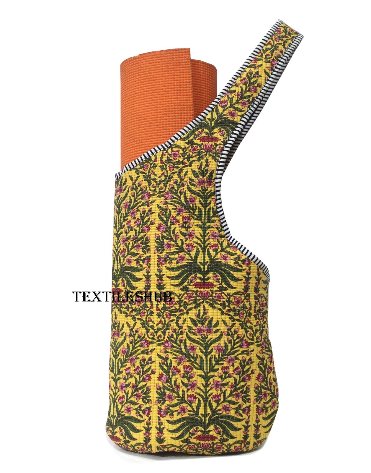 Indian Quilted Yoga Mat Carrier Boho Floral Block Print Multi-Functional Gym Bag