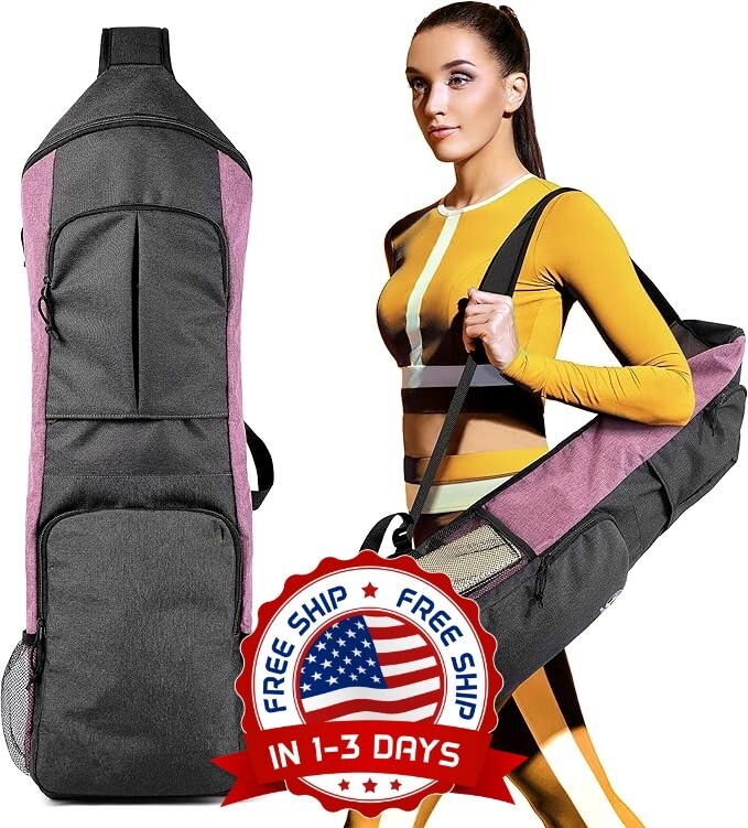 Bolsa para esterilla de yoga con múltiples bolsillos con cremallera color morado