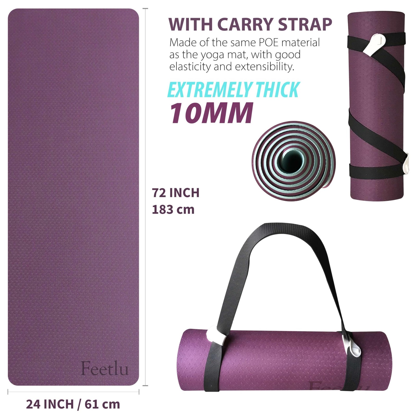 Extra Thick Exercise Yoga Mat with Strap – 2/5 Inch (10MM), Non-Slip Workout …