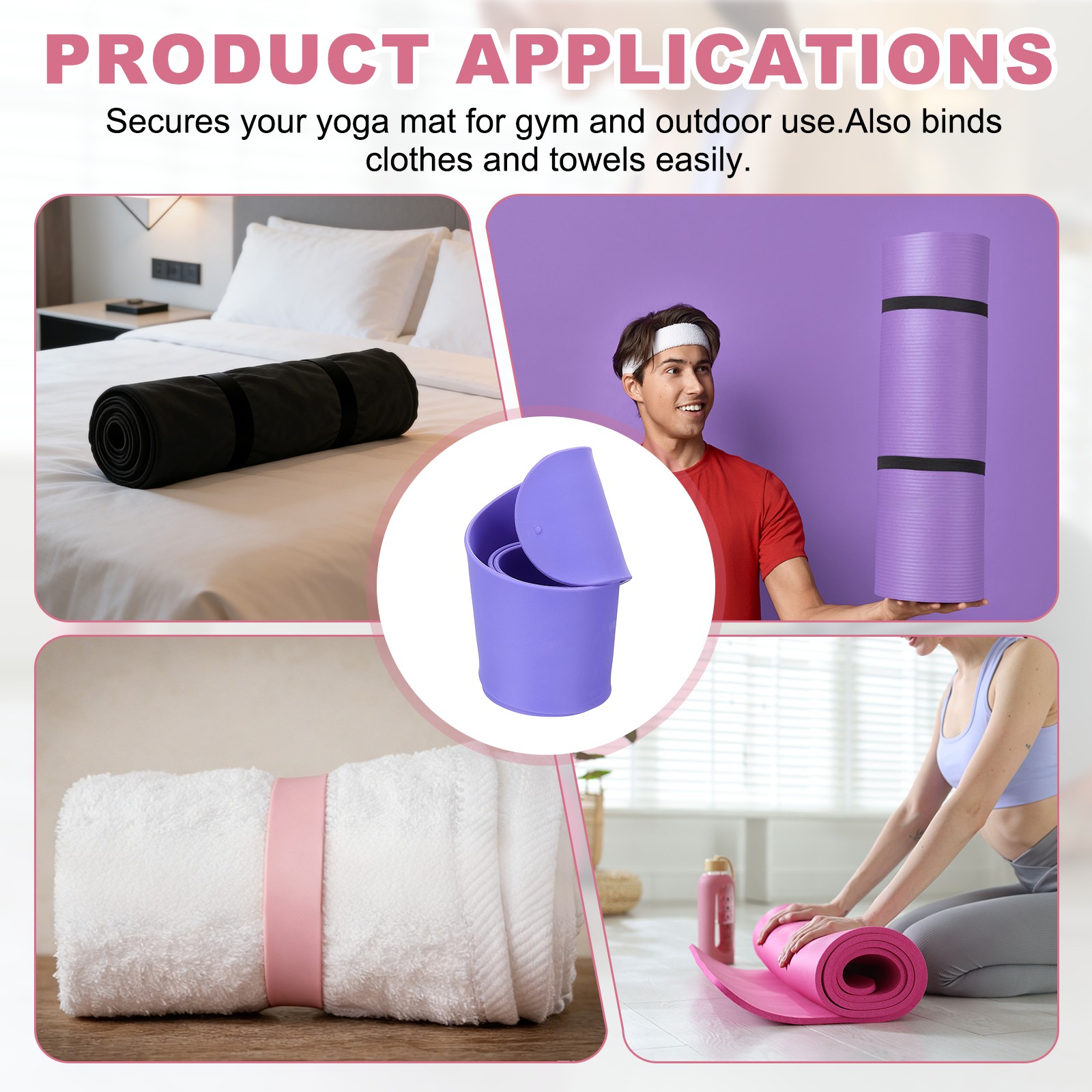 2Pcs Yoga Mat Strap Slap Band One Snap Yoga Mat Slap Band, Purple/Gray