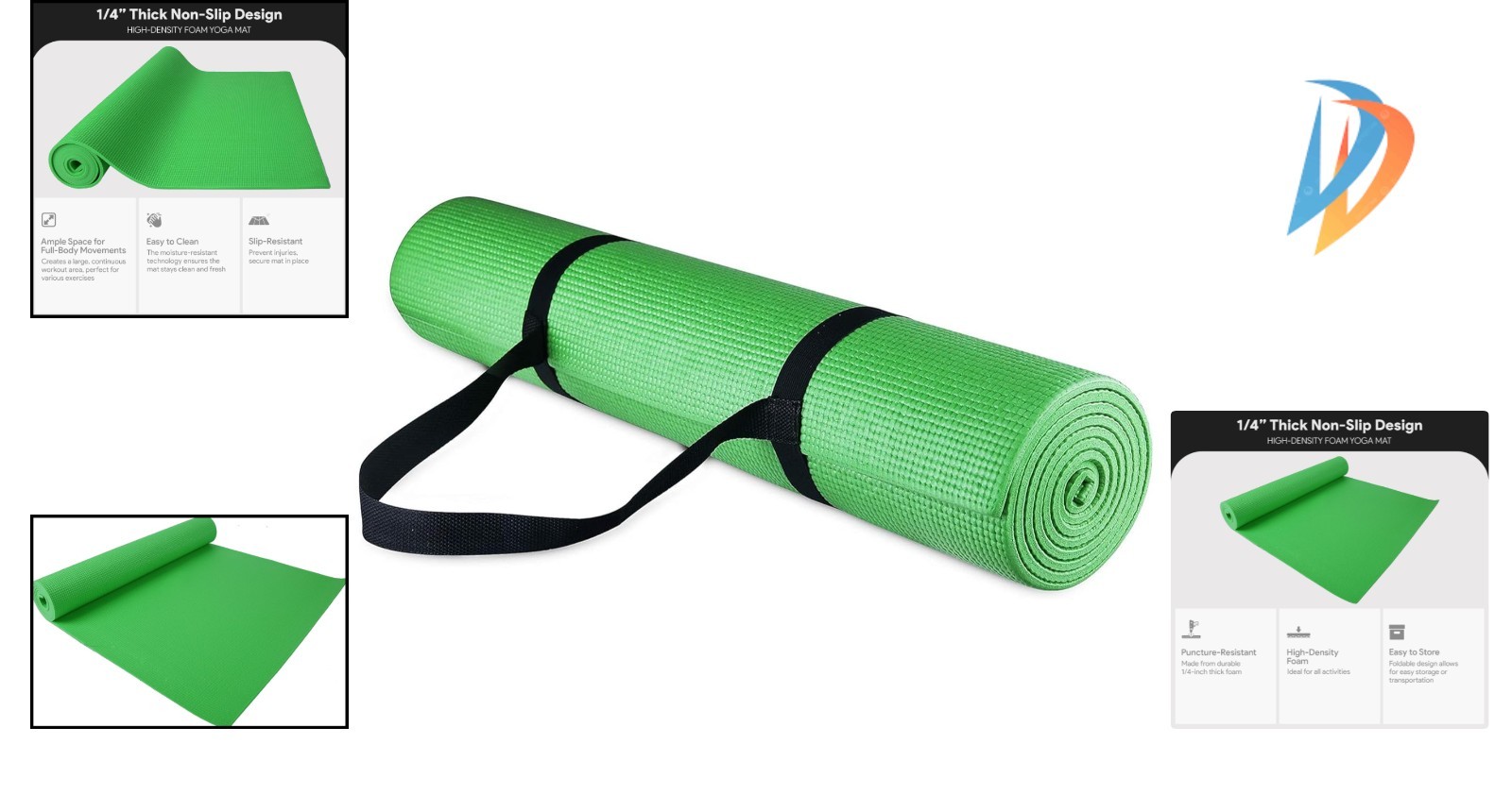 Lightweight High Density 1/4-Inch Yoga Mat with Carrying Strap – Multiple Colors