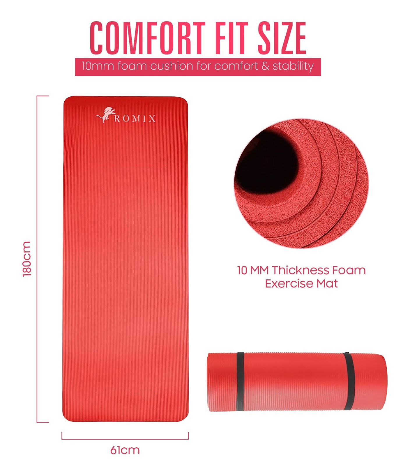 ROMIX Yoga Mat Thick 2/5 Inch (10mm), 72&Prime;L x 24&Prime;W 180 x 60 x 1 CM, Red