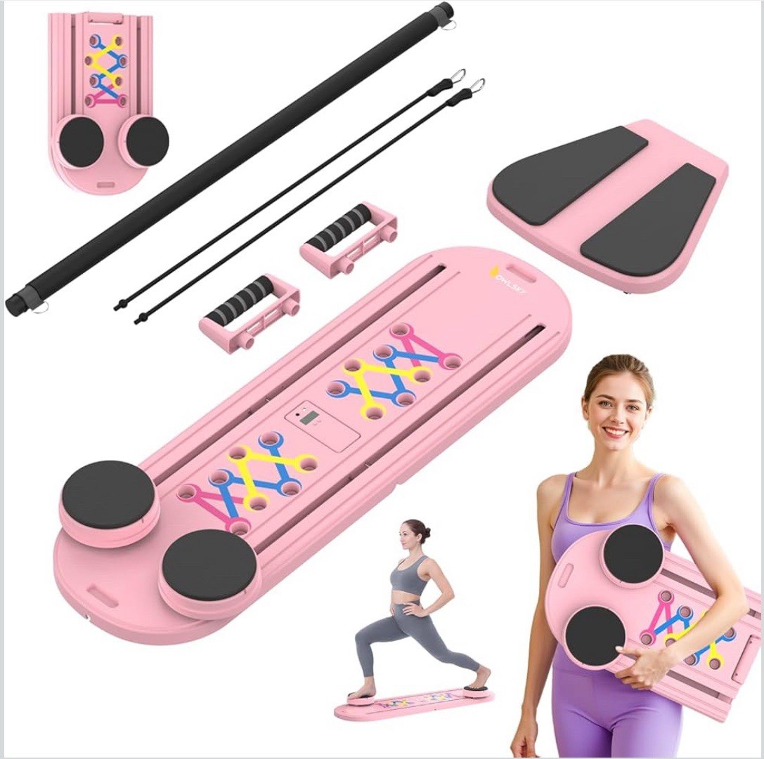 Pilates Reformer Board 5-In-1 Foldable Workout Machine Resistance Bands (Pink)
