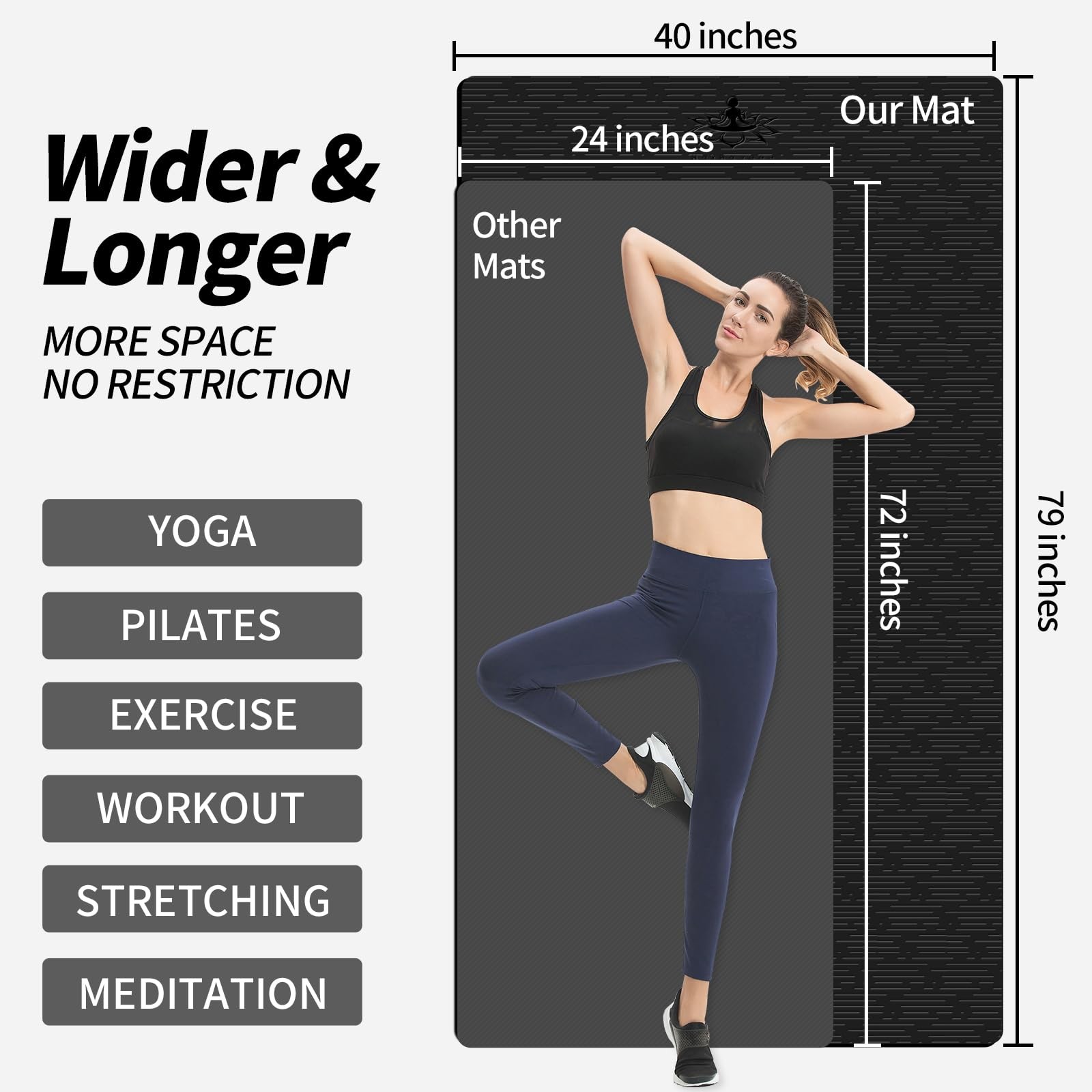 Yoga Extra Long TPE Mat 79&Prime; x 40” x 1/2&Prime; x 40&Prime; x 0.5&Prime;, Black
