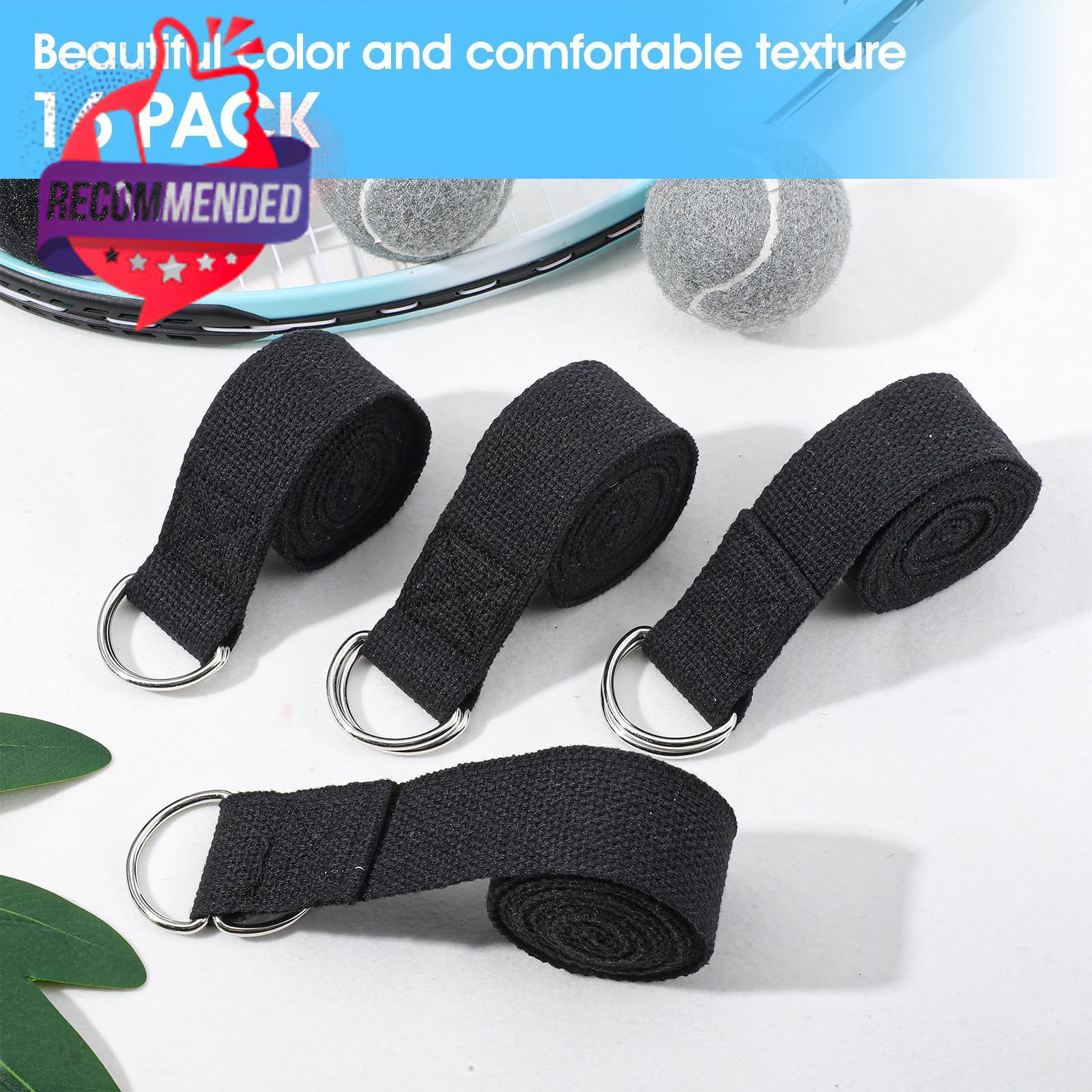 ADJUSTABLE COTTON YOGA STRAPS BLACK · 16 PACK BULK SET · 6 FT LENGTH