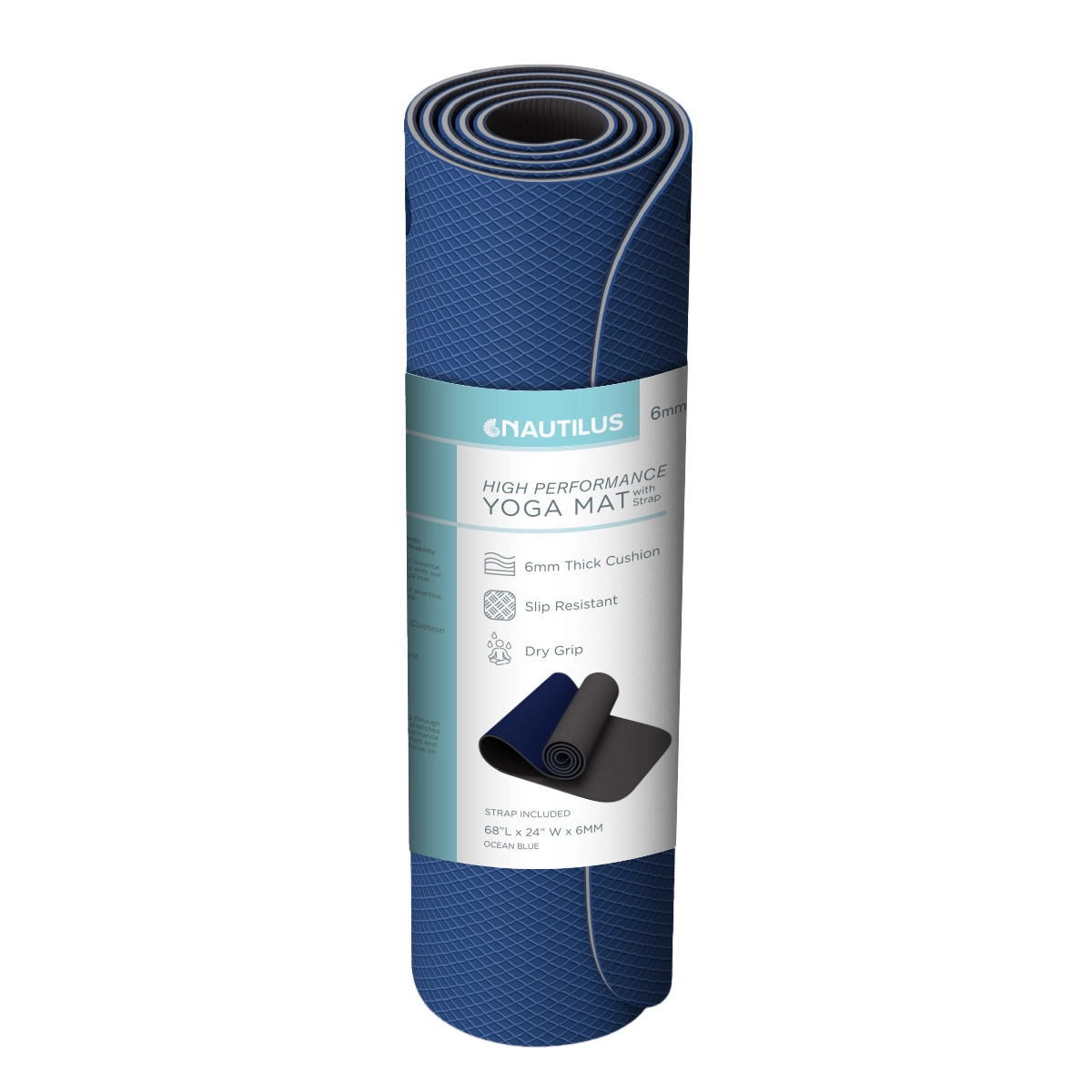 Nautilus High Performance (24&Prime; W x 68&Prime; L) Yoga Mat with Strap, Choose Color.
