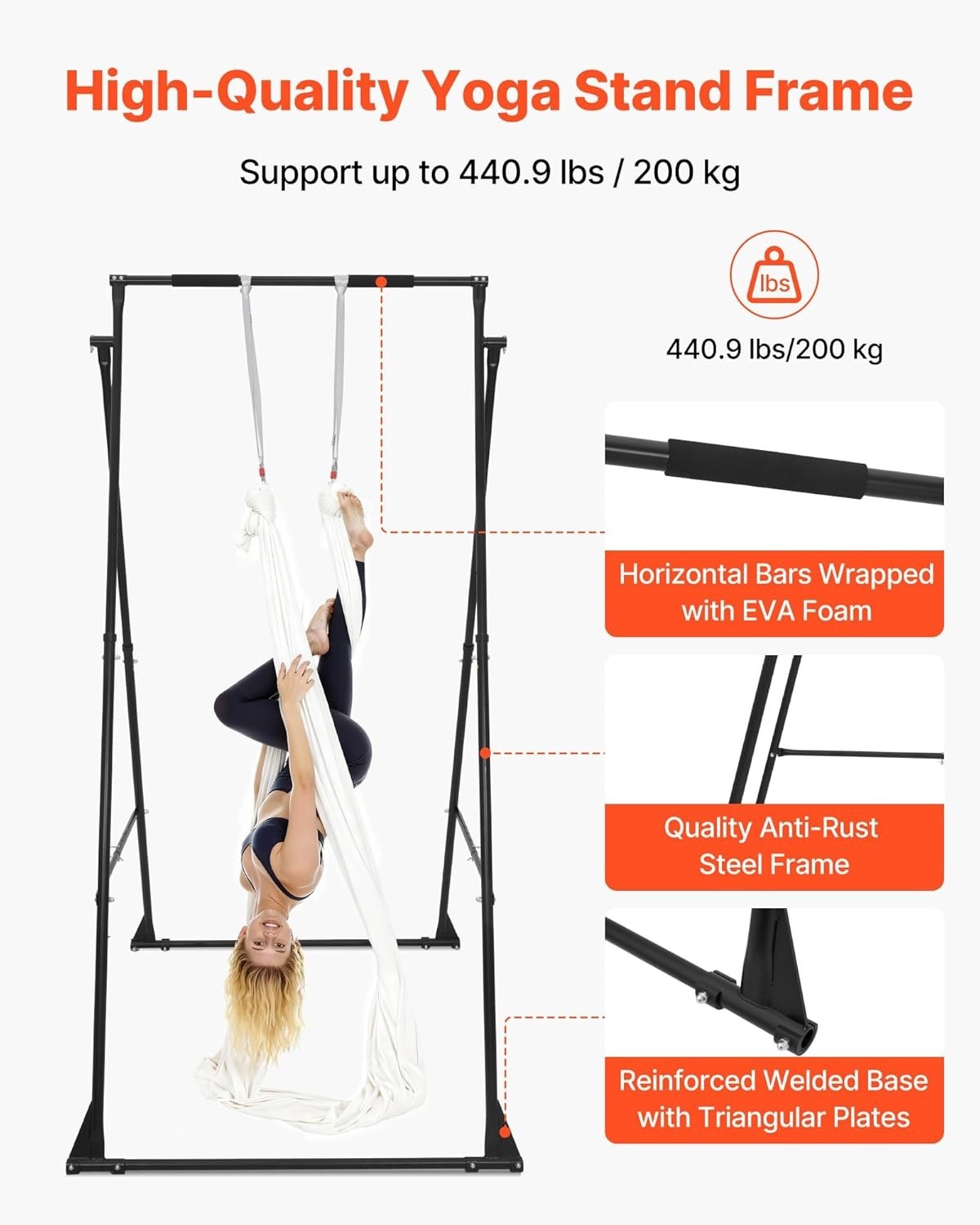 Max 440.9 lbs Steel Yoga Stand Frame with Hammock, 6.6-Yard Fabric, Black/Silver