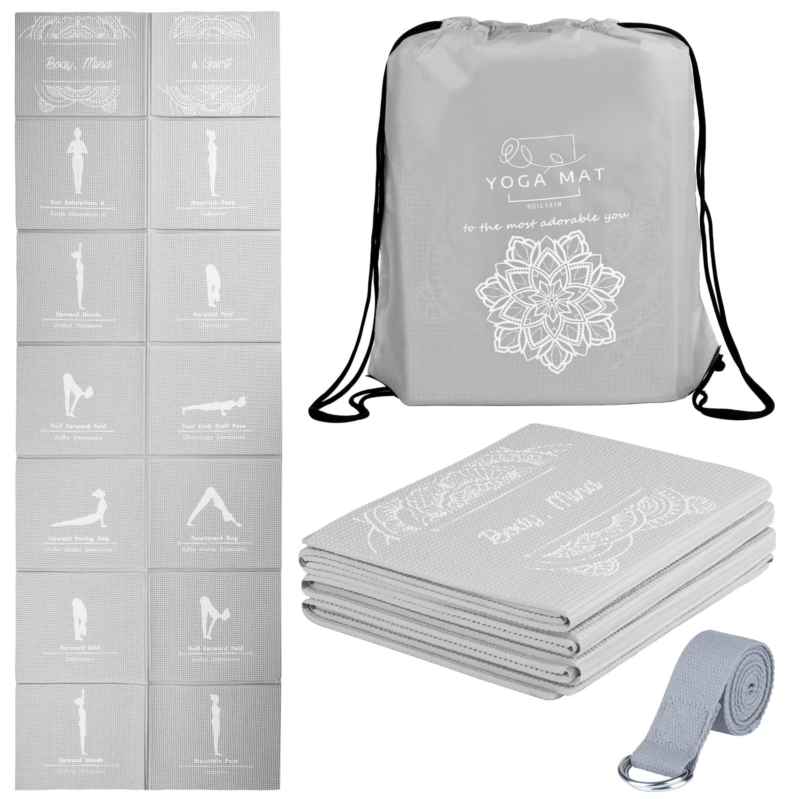 Foldable Yoga Mat for Women, Non Slip Exercise 68&Prime;L x 24&Prime;W x 0.2 Inch, Grey
