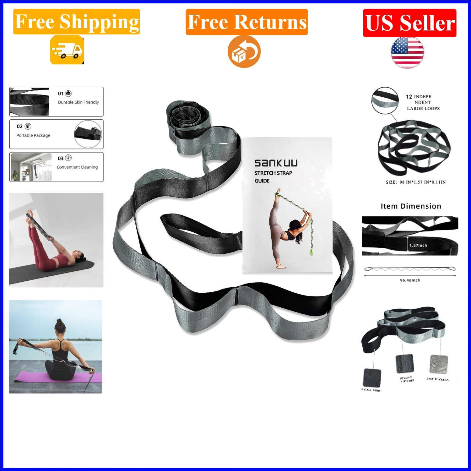 12-Loop Yoga Stretching Strap for Flexibility, Physical Therapy, and Exercise