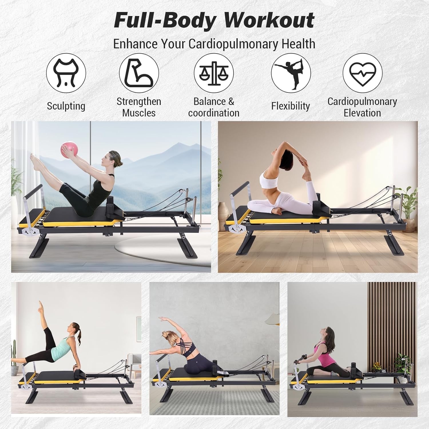Foldable Pilates Reformer Machine with Wheels, Adjustable Armrests & Headrest