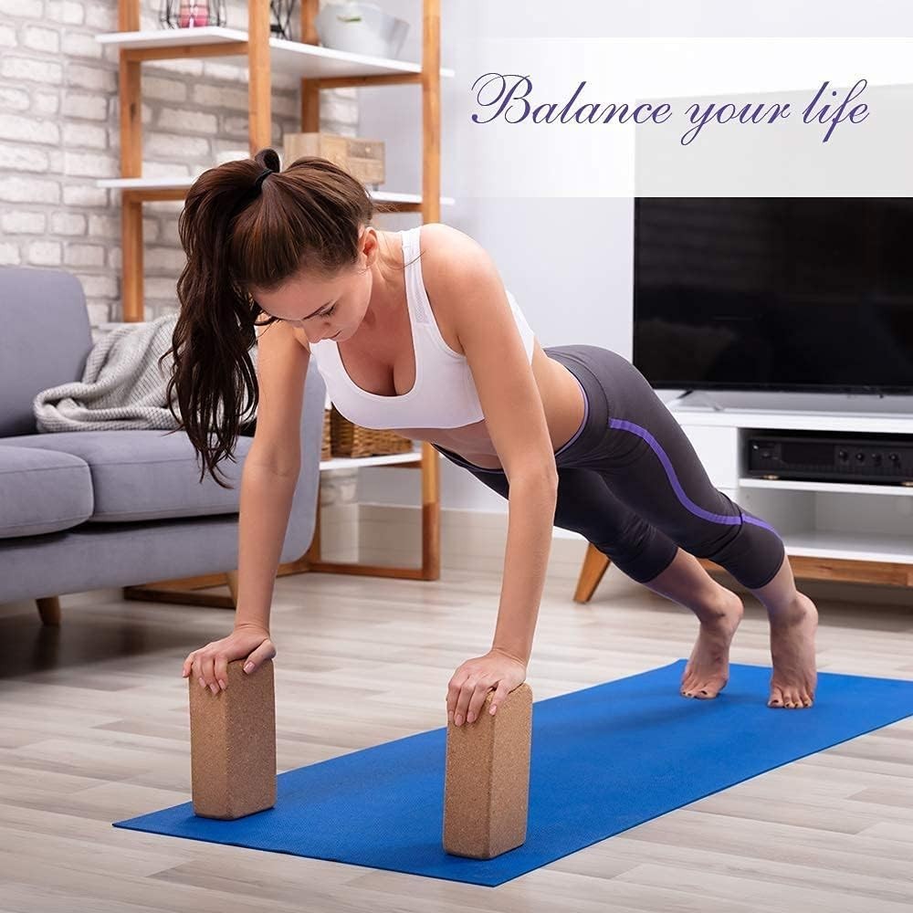 2 Pack Cork Yoga Blocks with Yoga Strap Set – 4 x 6 x 9 inch