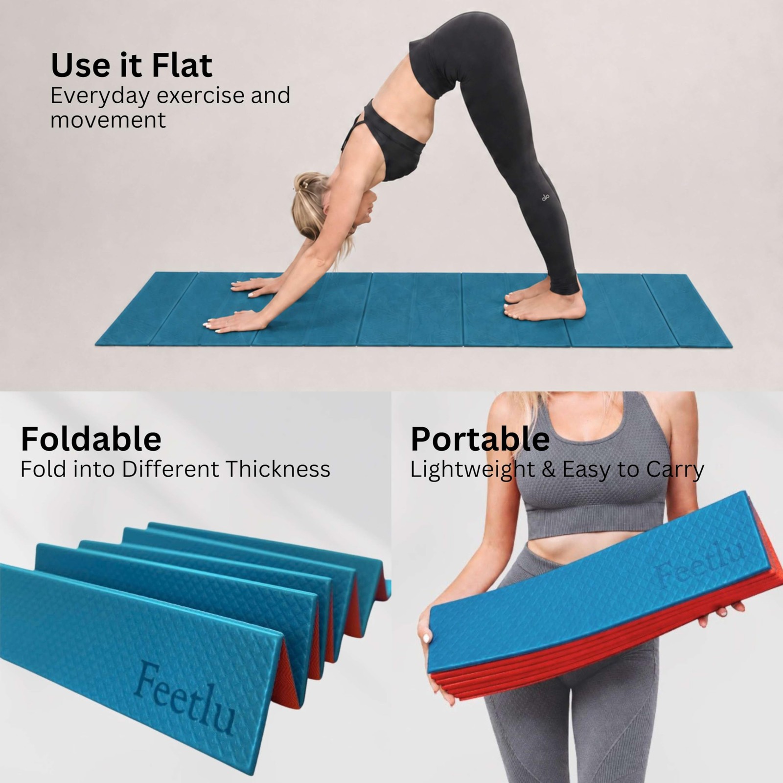 Foldable Yoga Exercise Mat, 6mm/8mm/10mm/12mm Thickness, 72 x 24 Inch – Light…