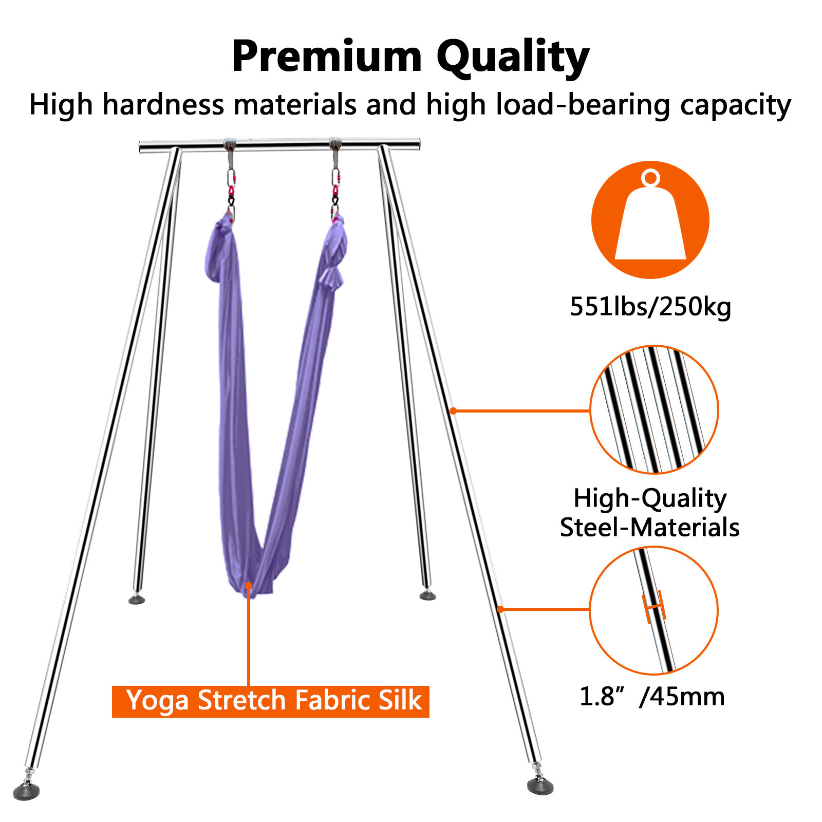 TECSPACE 6.6 FT~9.6 FT Adjustable Height Yoga Stand + 18 FT Aerial Silk (Purple)