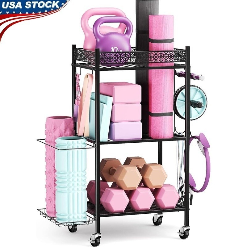 3 Tier Yoga Mat Storage Rack W/ Wheels Hooks Fitness Organizer Home Gym New