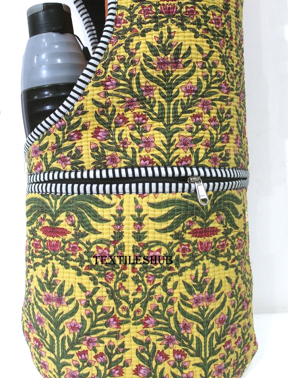 Indian Quilted Yoga Mat Carrier Boho Floral Block Print Multi-Functional Gym Bag