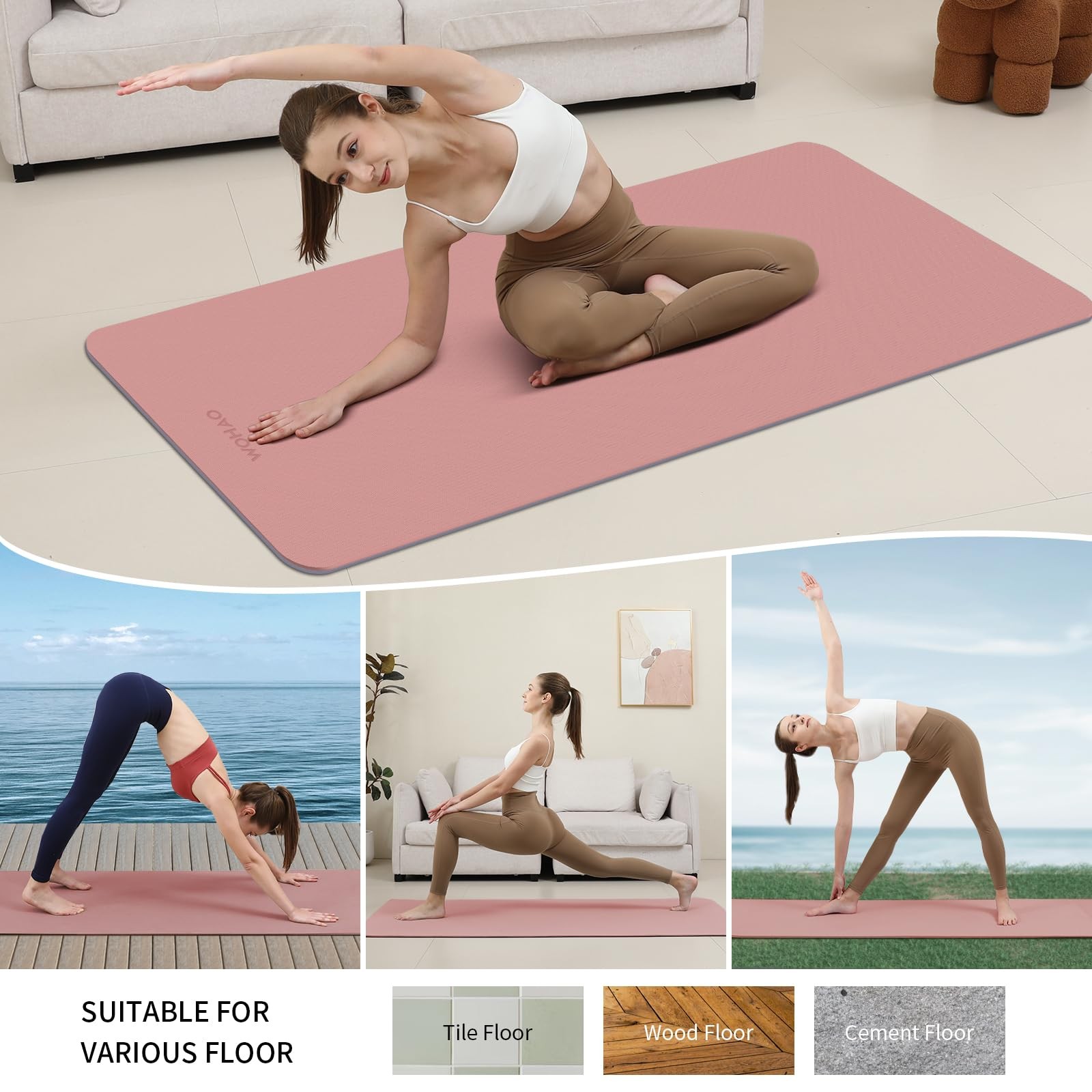 WOHAO Extra Thick 8mm Yoga Mat, 72&Prime;x28&Prime; 183*70*0.8cm, Dark Powder+Dark silve