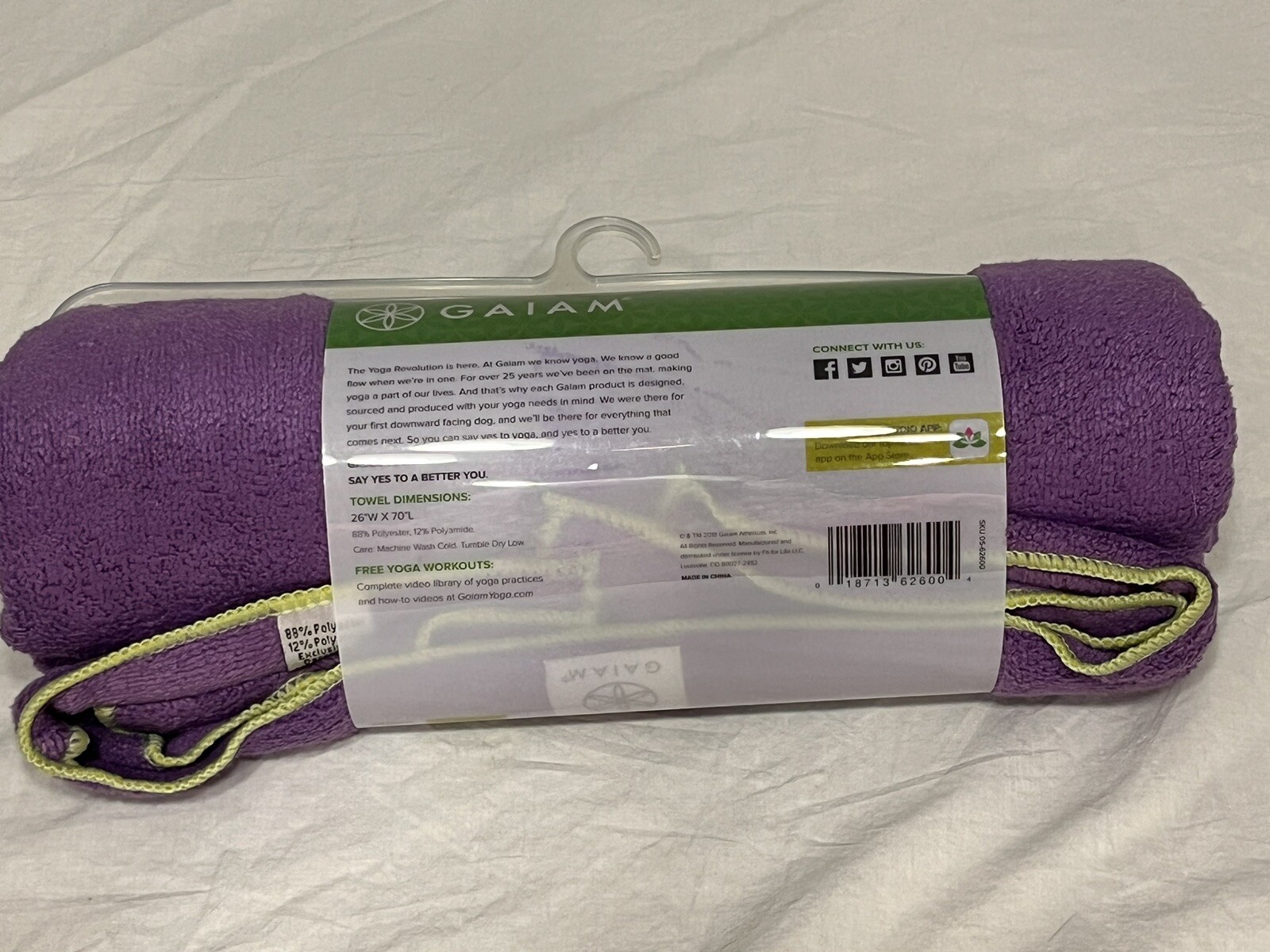 Gaiam Yoga Mat Towel Purple Full Size Microfiber Stay Dry Absorbent 26”x70” NEW