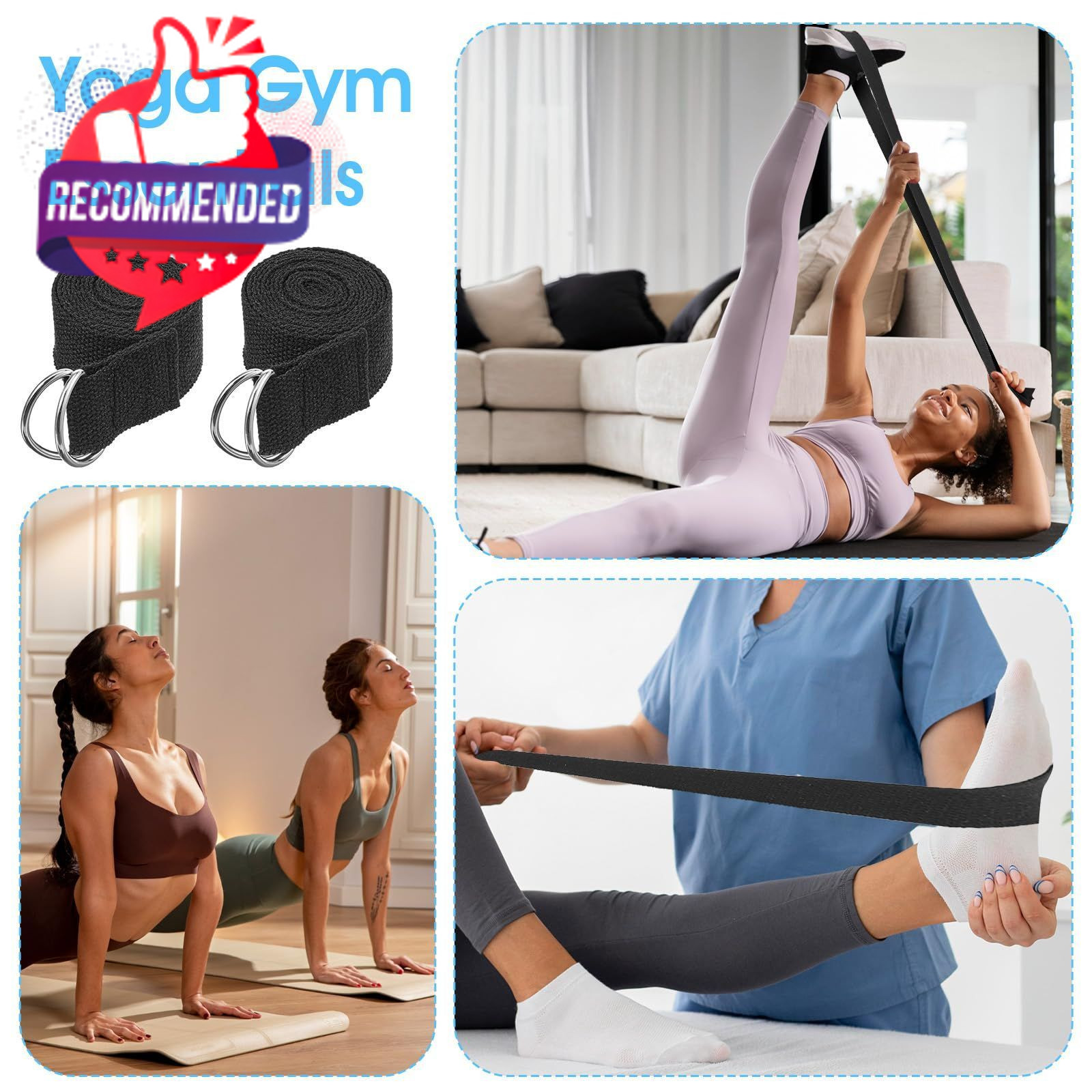 ADJUSTABLE COTTON YOGA STRAPS BLACK · 16 PACK BULK SET · 6 FT LENGTH