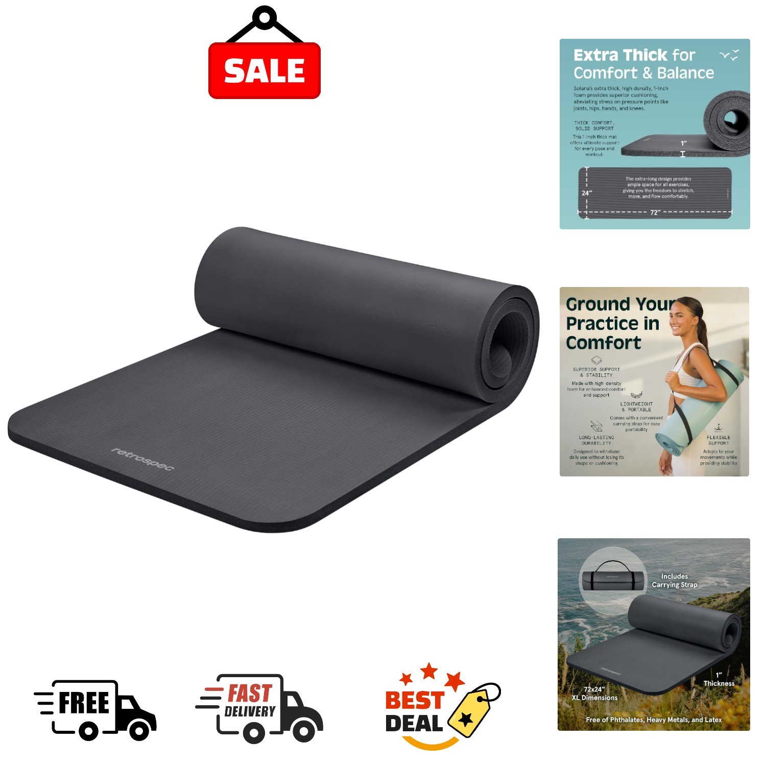 71×24 Inches Extra Thick Yoga Mat 1-Inch High-Density Foam – Roll-Up Exercise…