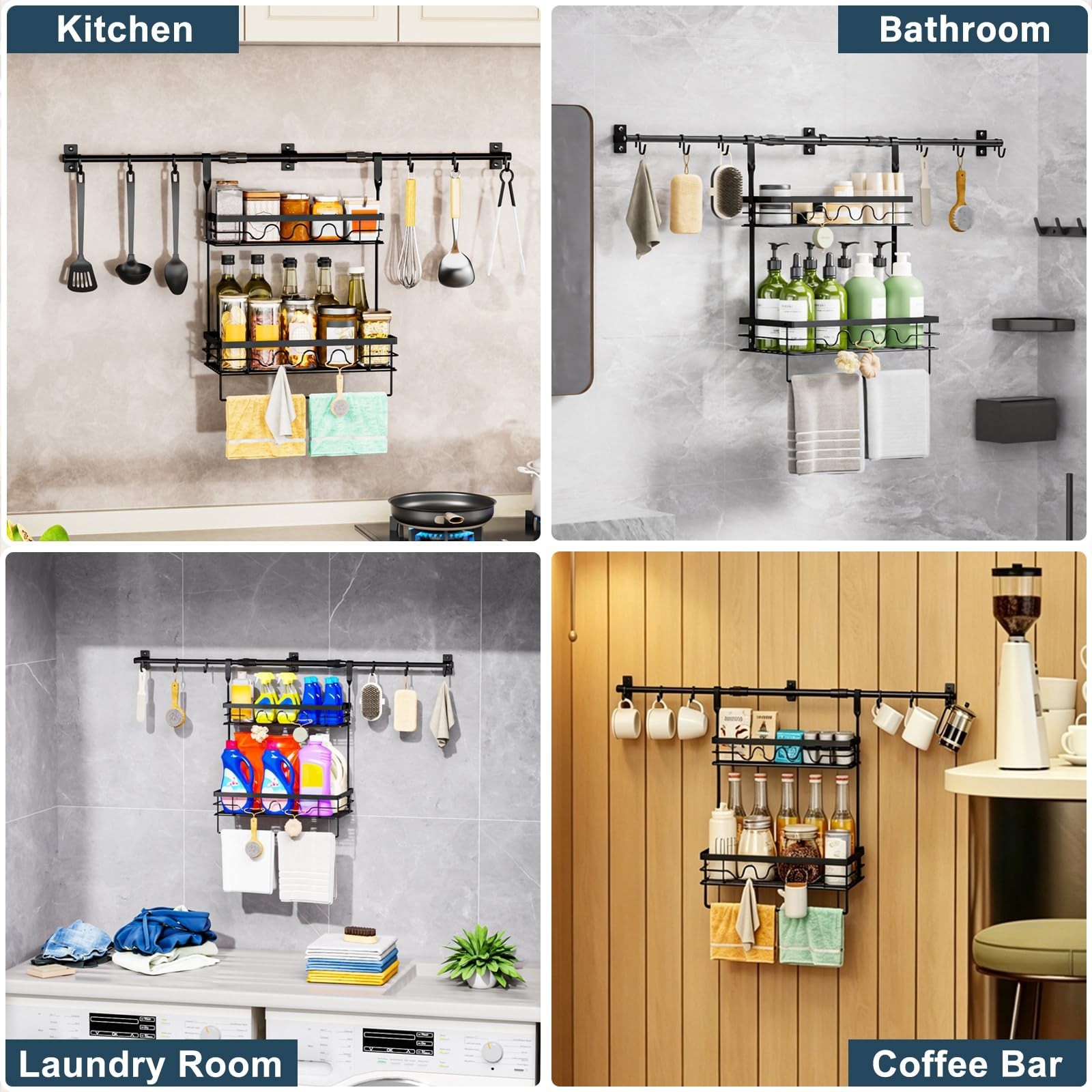 Spice Rack Wall Mount Retractable Bracket with Towel Bar Hooks | Reinforced W…