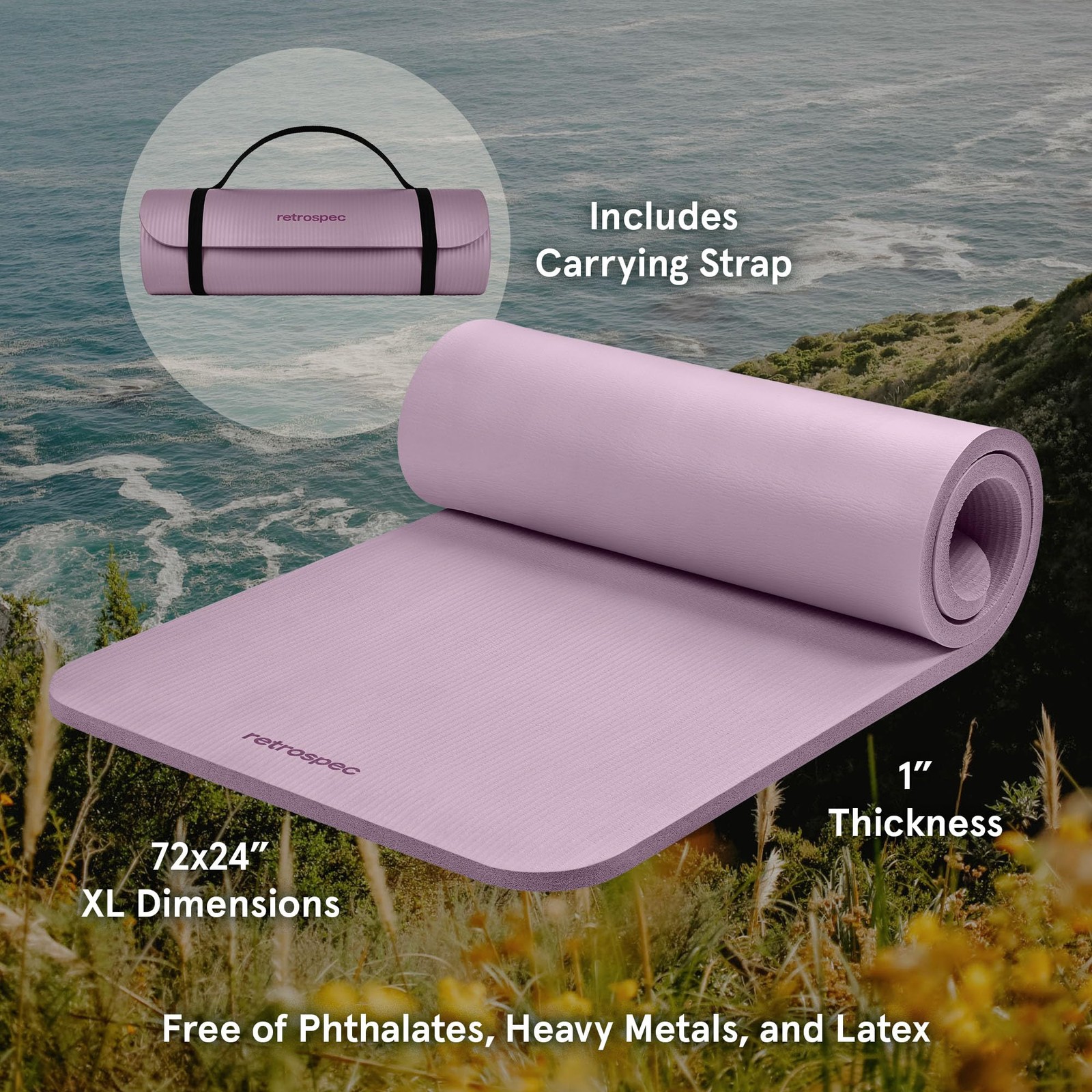 Retrospec Solana Yoga Mat 1&Prime; Thick with Nylon Strap for 1 inch, Violet Haze