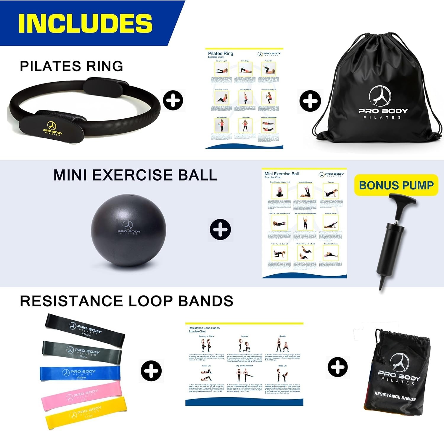 Pilates Home Workout Set with Magic Circle Ring, Ball & Resistance Bands