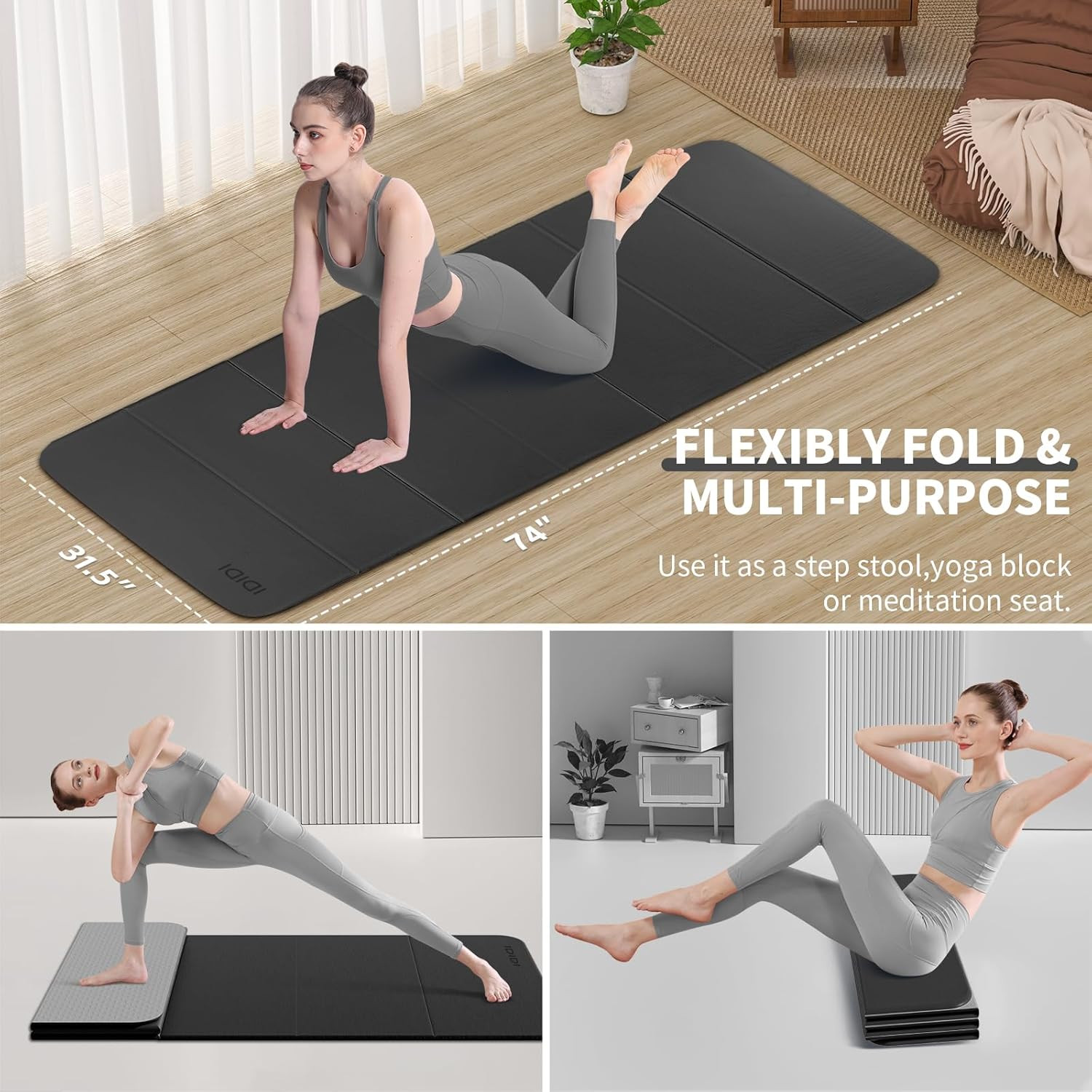 Foldable Yoga Mat Extra Thick & Large (74&Prime; X 31.5&Prime; X 0.32&Prime;), Double-Sided Non Sl