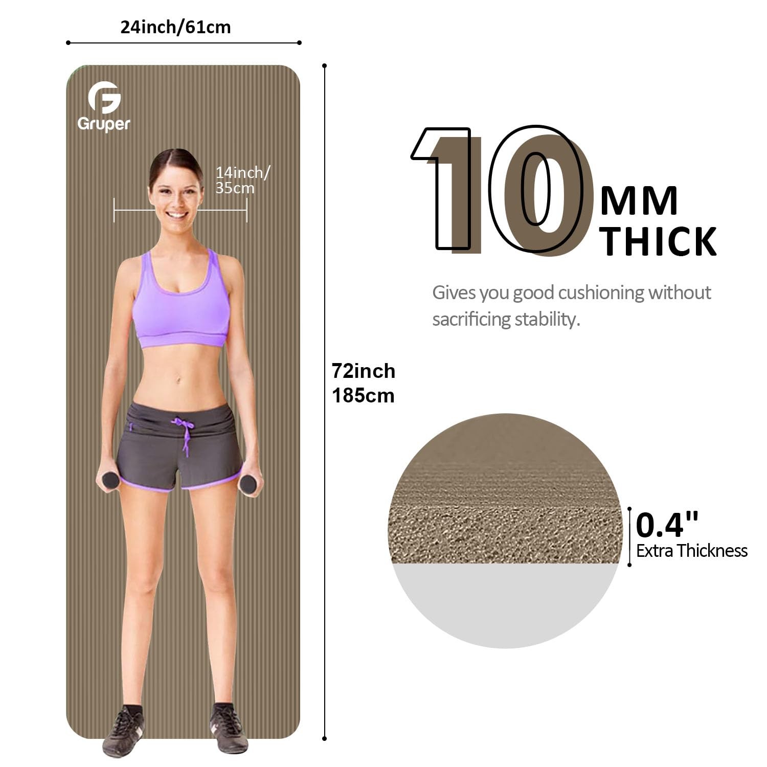 Gruper Thick Yoga Mat Non Slip, Large Size 72&Prime; L 72 x 24 x 0.4 inches, Brown