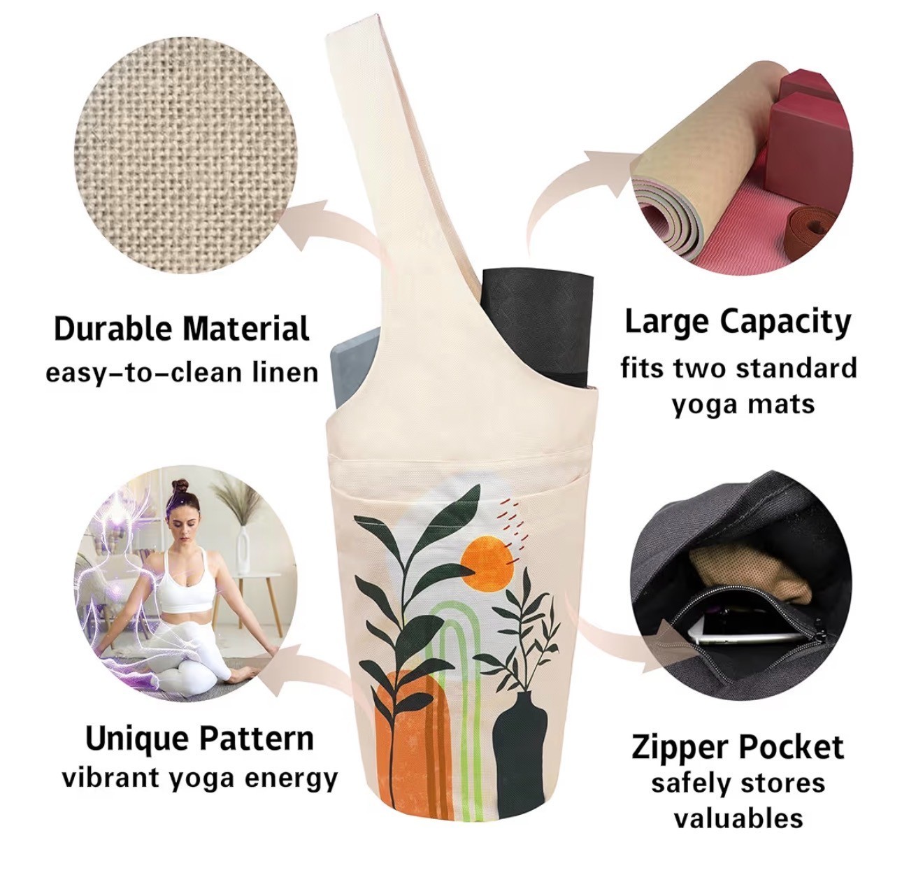 Yoga Mat Carrier Bag Boho Plants Tote Shoulder Gym Pilates Pocket Bag