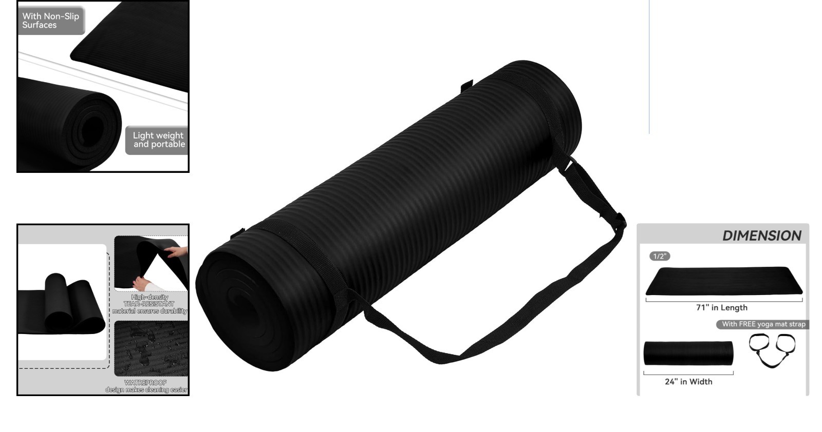 Non-Slip Yoga Mat, 71&Prime; x 24&Prime; – Anti-Tear, Moisture Resistant & Portable
