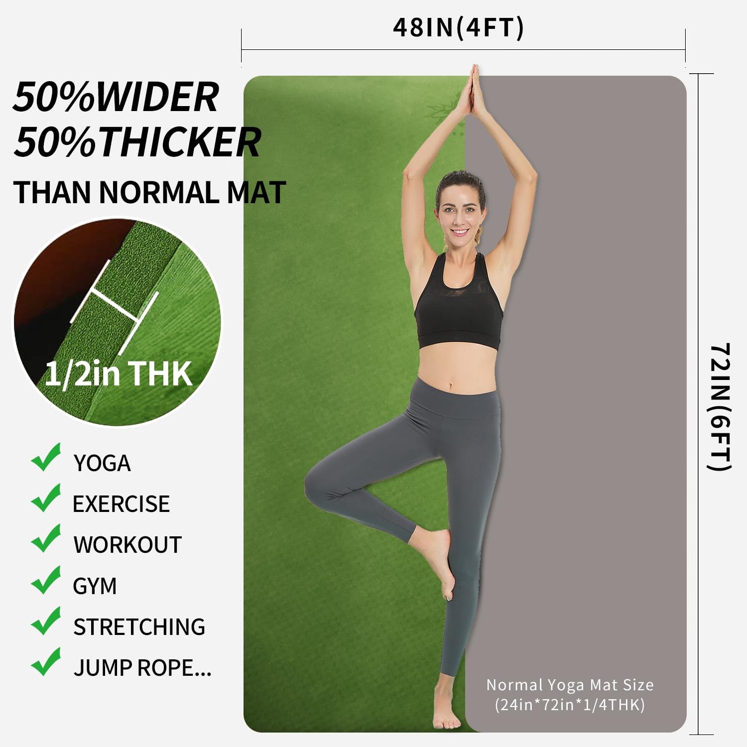 Large TPE Yoga Mat 6&rsquo;x4&rsquo;x1/2&Prime; Extra Thick Non-Slip Exercise Mat – for Yoga Pi…