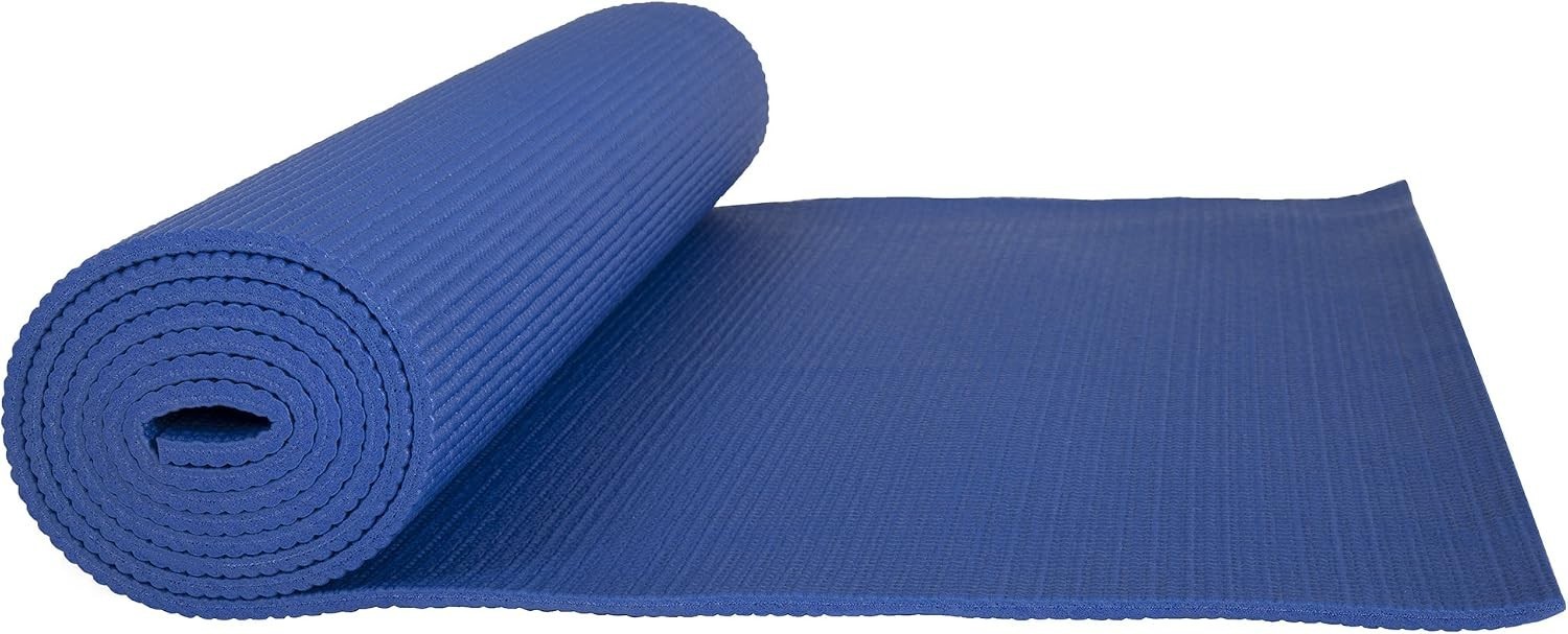 Blue Double Sided 1/4&Prime; Yoga, Workout, Exercise Mat: 71&Prime;x24&Prime; with Carrying Strap