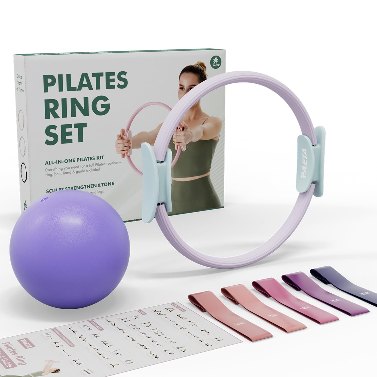 Pilates Ring Set – 14” Magic Circle (38 lbs Resistance), 9.8” Pilates Ball, 5…