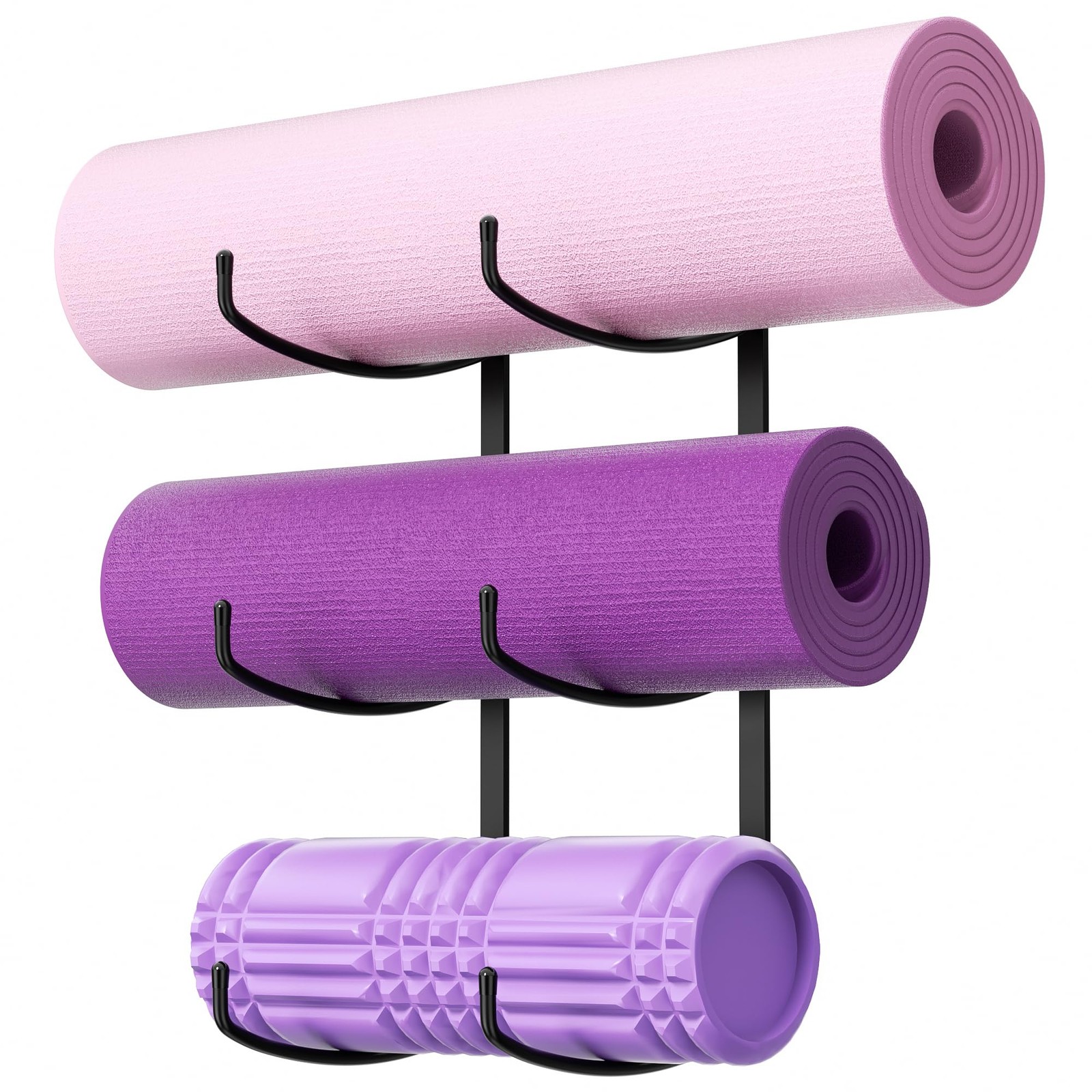 Yoga Mat Holder Wall Mount, 3-Tier Storage Rack for Yoga Mat, Foam Roller, Bl…