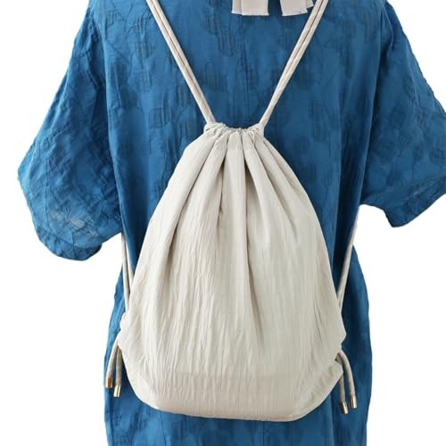 Beige Plaid Drawstring Backpack – Lightweight Cinch Beigeplaid/Polyester