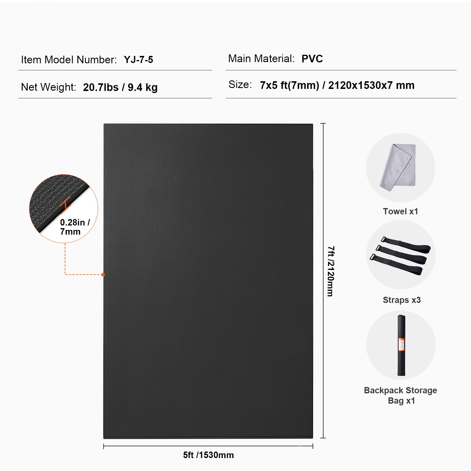 Exercise Mat Non Slip Yoga Mat Gym Fitness Pilate Workout Mat (7x5ft)
