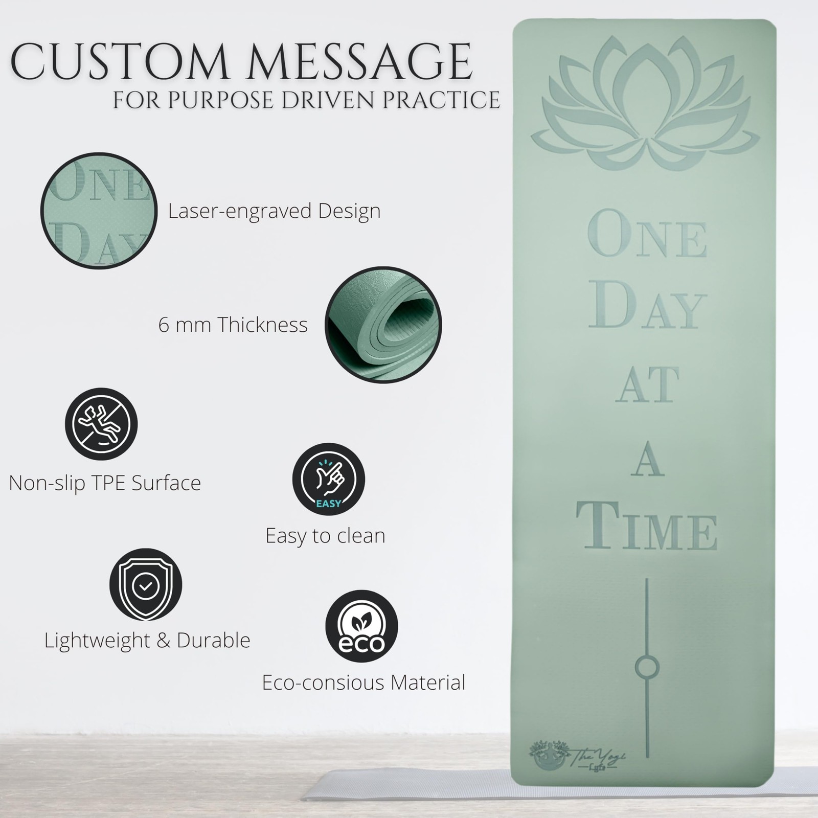 Recovery Lyfe Yoga Mat – “One Day at a Time” Engraving, Non-Slip Eco TPE, Sag…