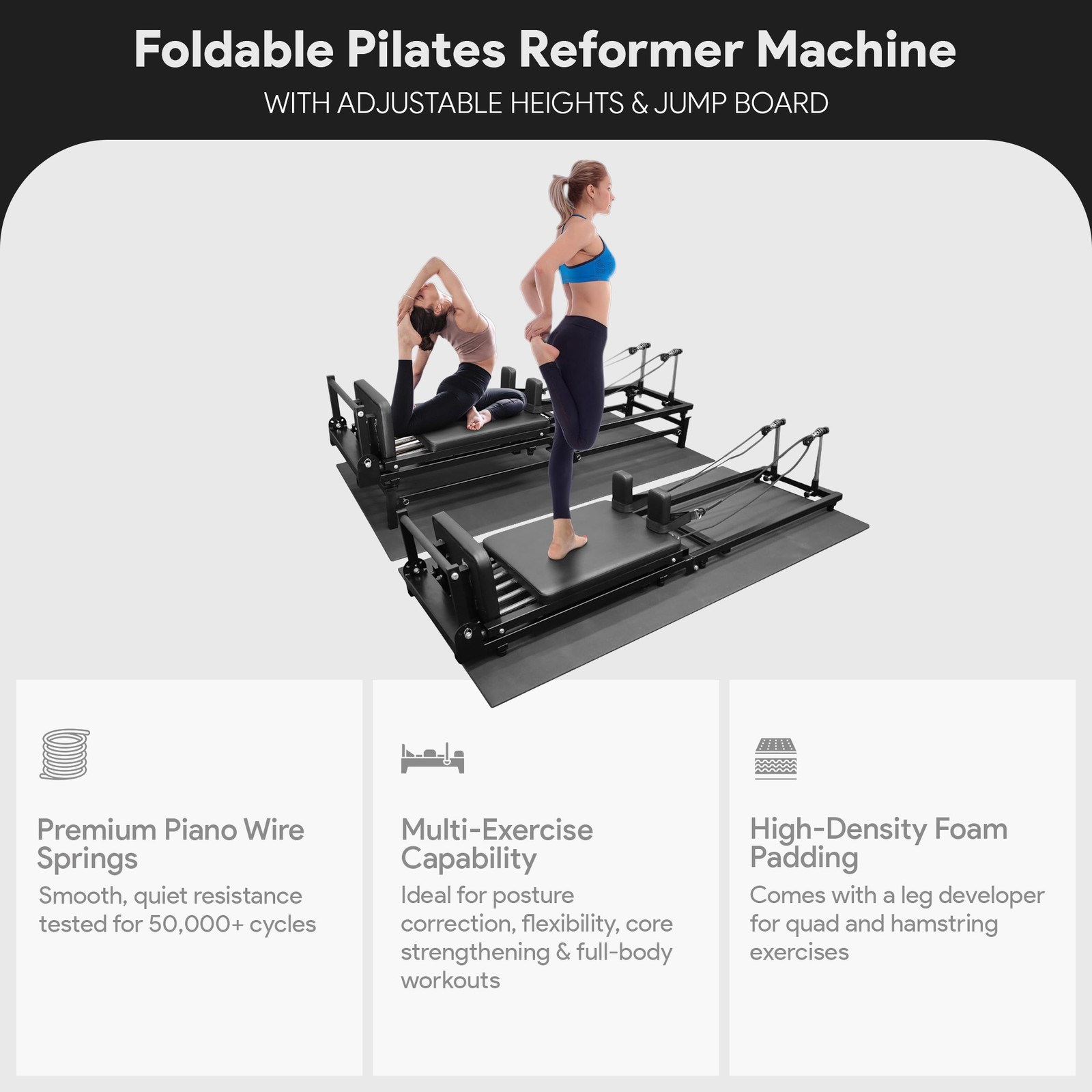 Foldable Pilates Reformer Machine w/ Adjustable Heights & Jump Board (Open Box)