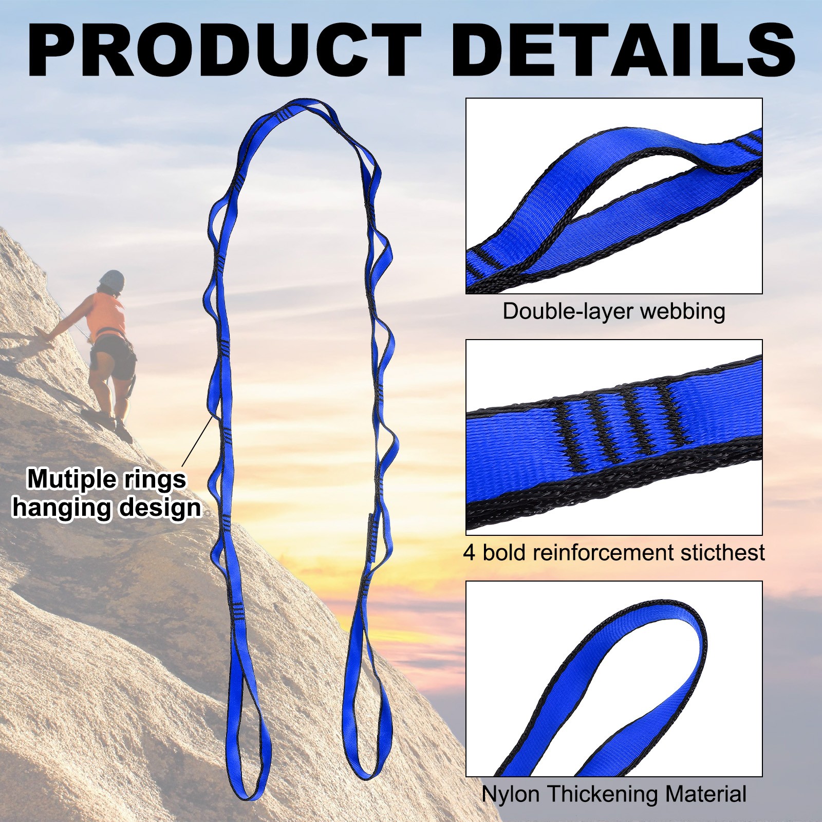 25KN Daisy Chain Yoga Extend Belt 1.8M, 2Pcs Climbing Straps for Exercise, Blue