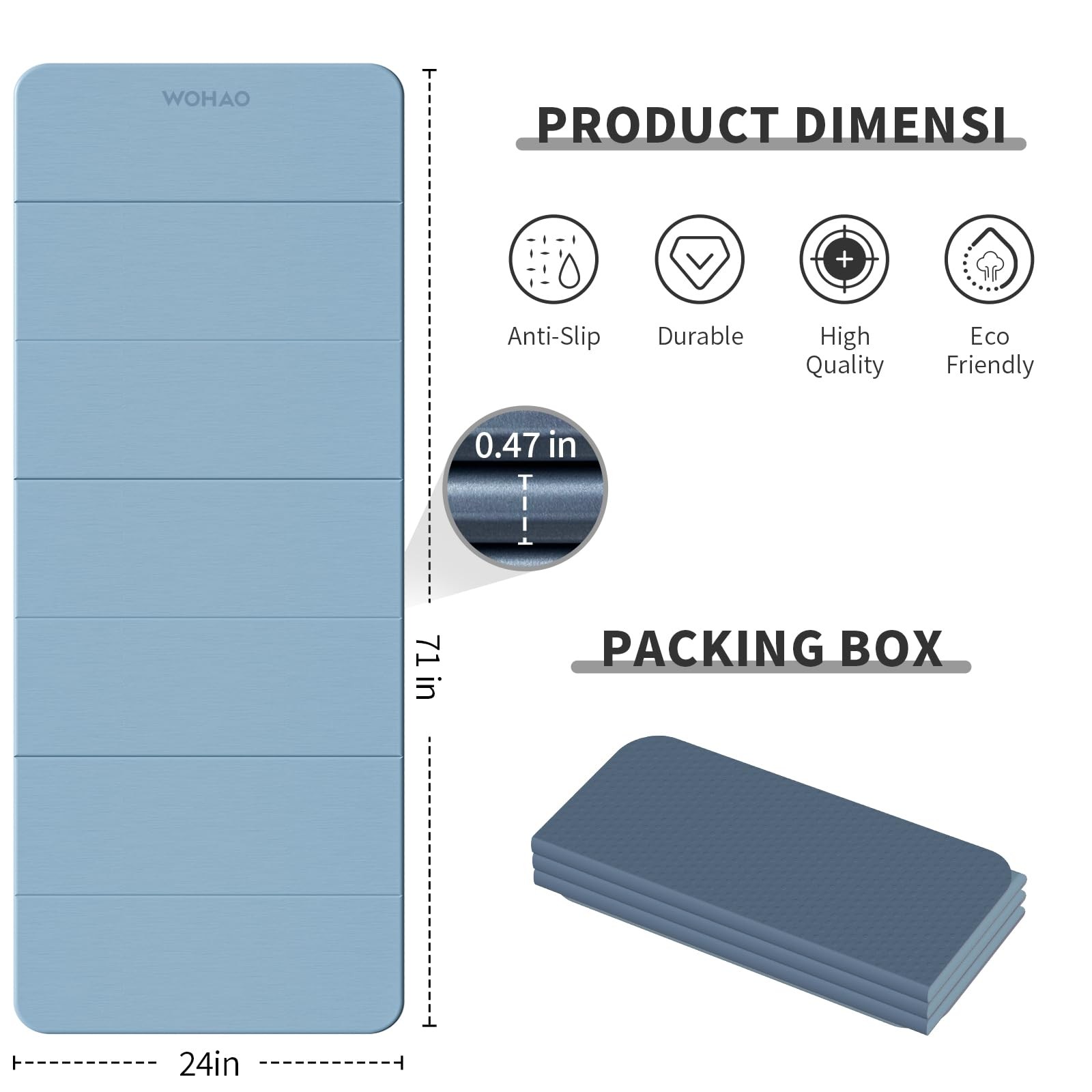 WOHAO 7-Fold Yoga Mat 70&Prime;x24&Prime; – 1/2 70&Prime; x 24&Prime; x 0.5&Prime;, Blue-gray+Navy blue