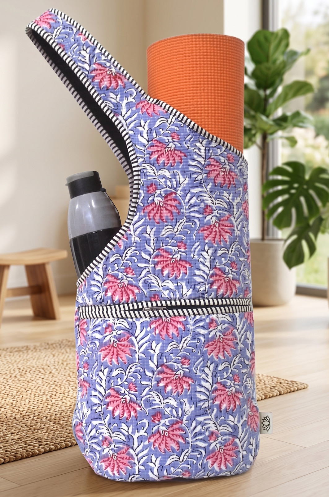 Indian Quilted Yoga Mat Carrier Boho Floral Block Print Multi-Functional Gym Bag
