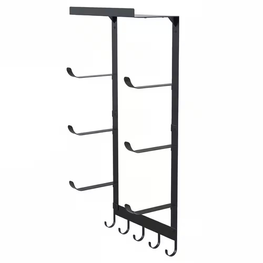 Black Metal Wall Mount Yoga Mat Holder with Shelf and 5 Hooks for Foam Rollers B
