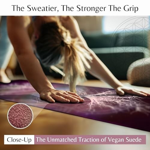 Yoga Mat Non Slip 72×24 Inch 6mm Thick Suede TPE Tree of Life Design with Strap