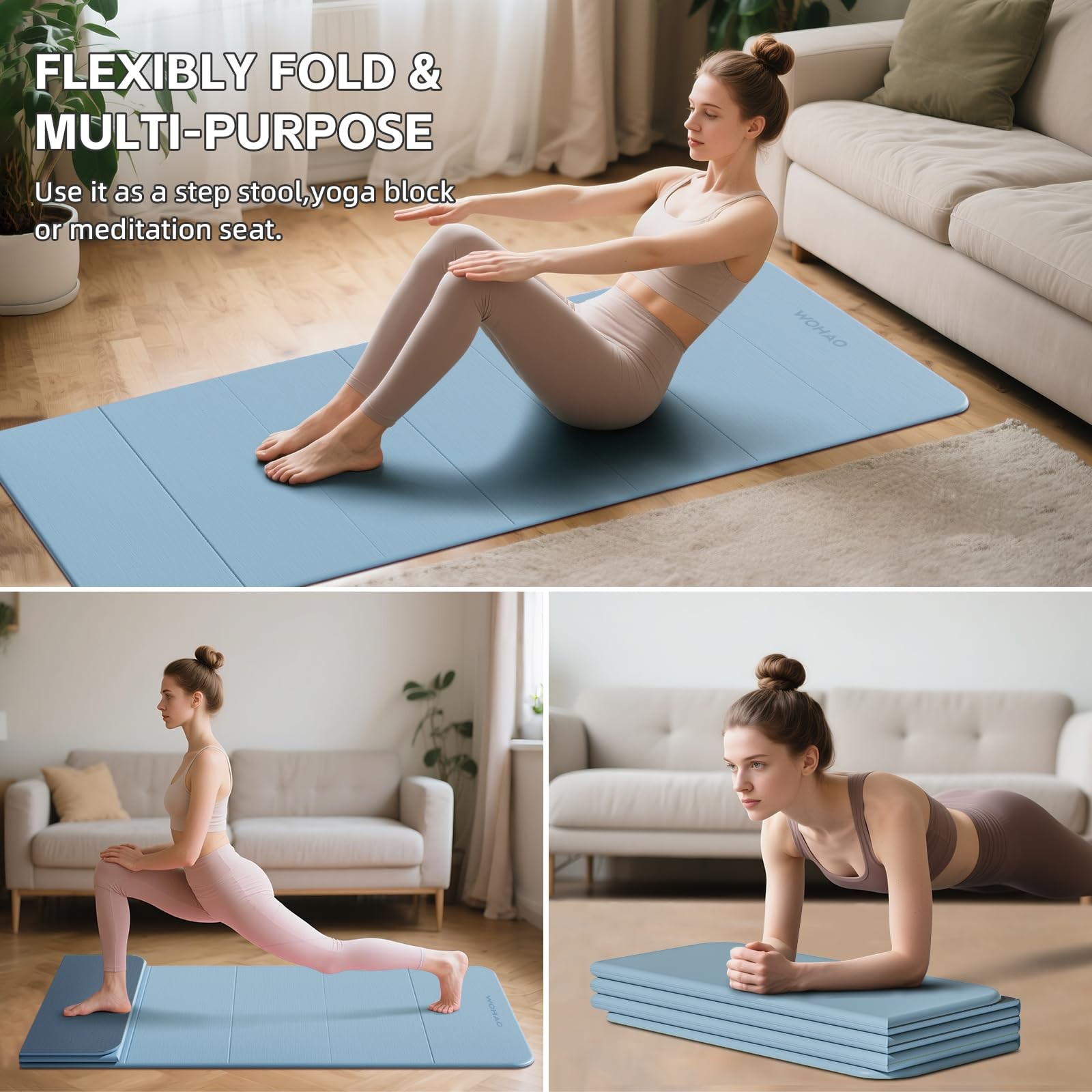 WOHAO 7-Fold Yoga Mat 70&Prime;x24&Prime; – 1/2 70&Prime; x 24&Prime; x 0.5&Prime;, Blue-gray+Navy blue
