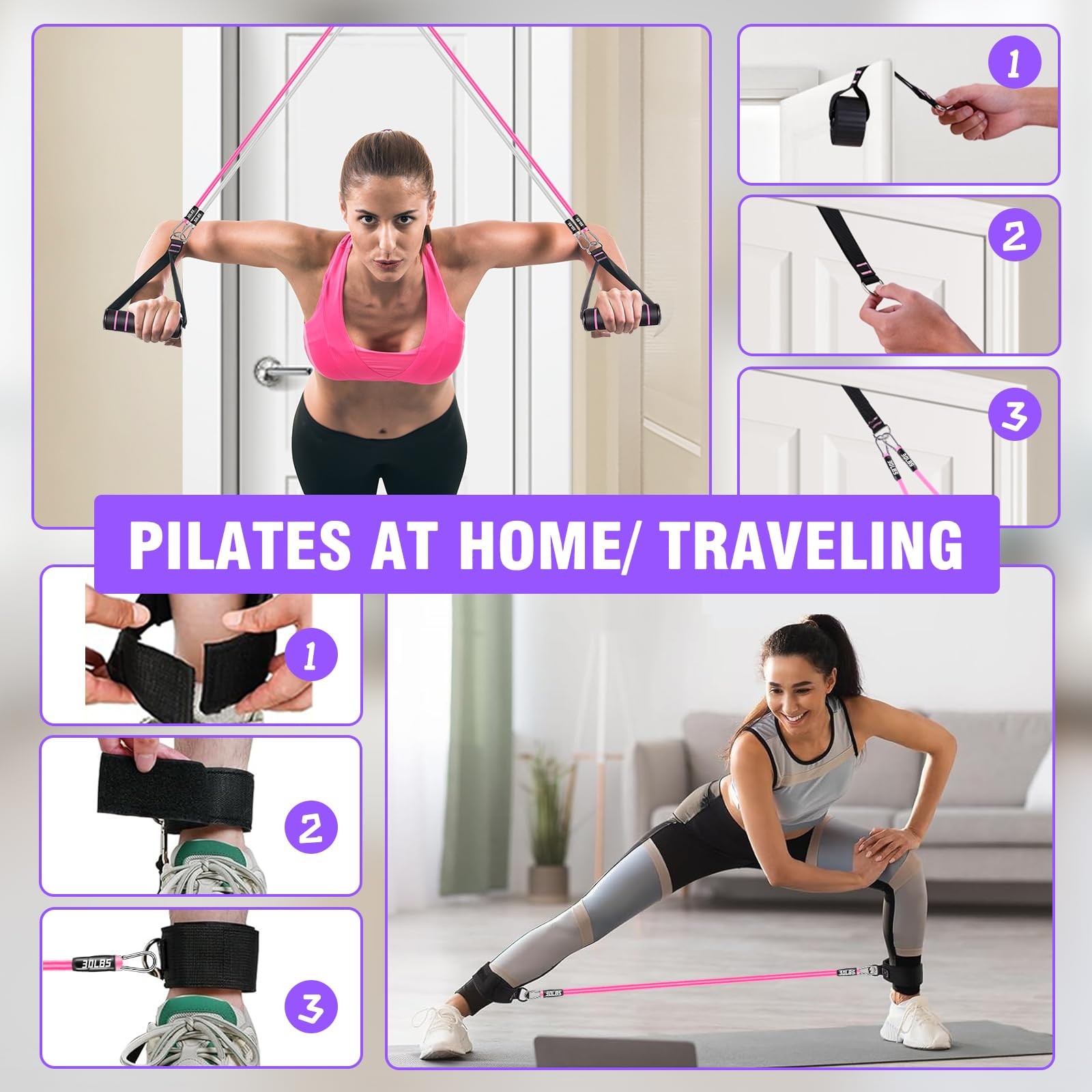 Pilates Bar Kit w/ 3-Section Pole, Stackable Resistance Bands – Full Body Workou