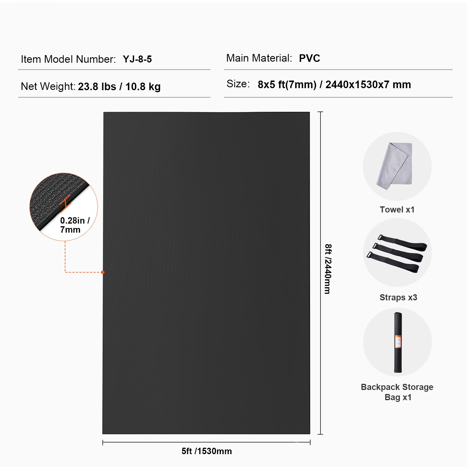 Heavy Duty 8x5ft Non Slip PVC Fitness Mat for Gym, Yoga, Pilates w/Carry Bag